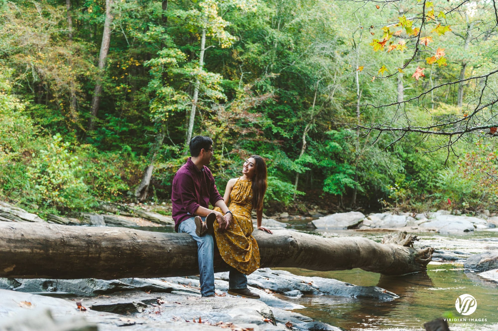 couple talking on fallen tree along river