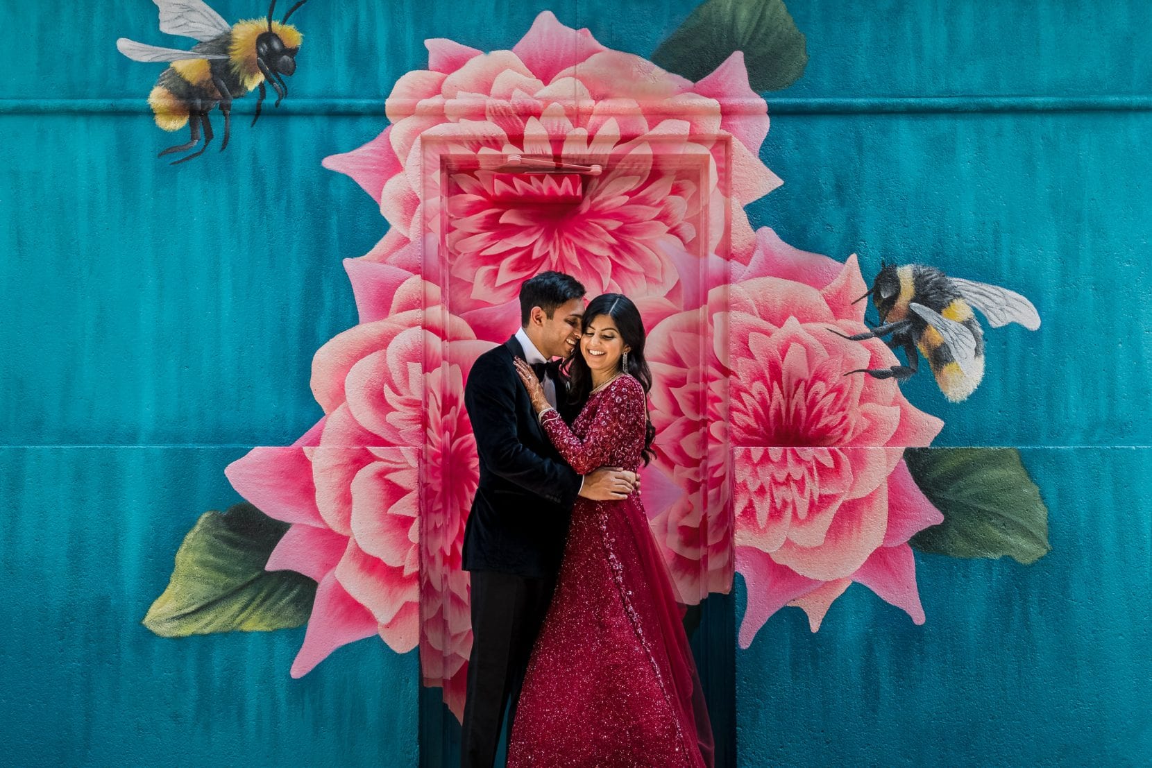 wedding portrait mural flowers