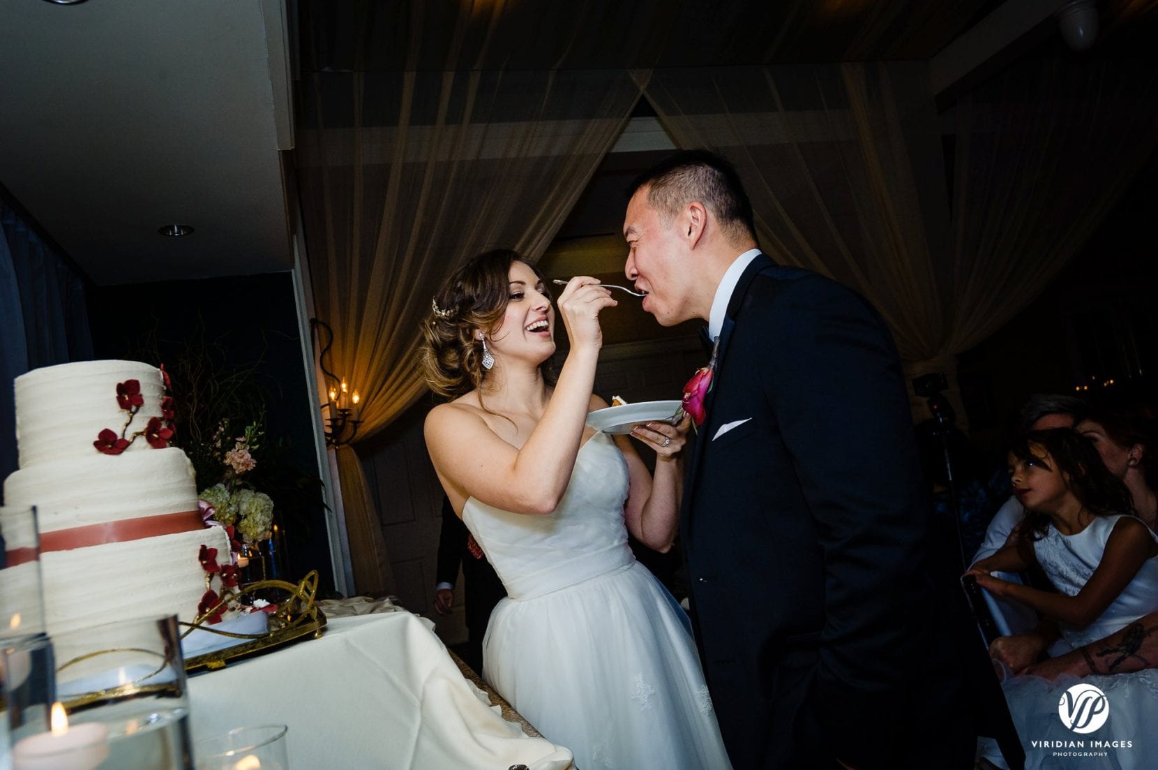 bride feeds groom cake