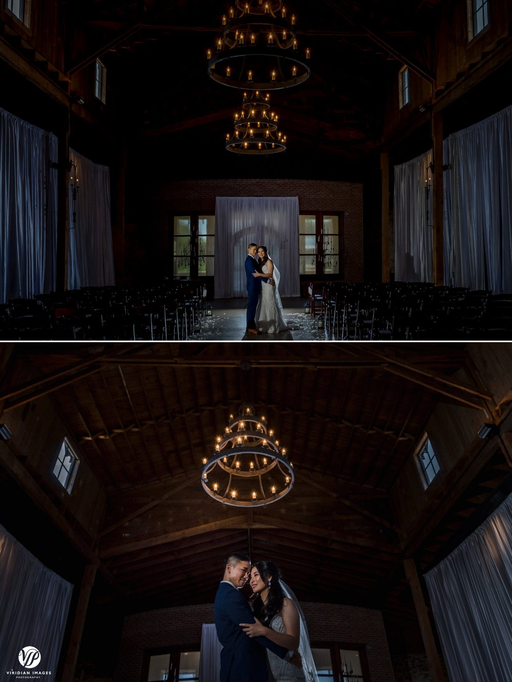 backlit portraits inside wedding venue