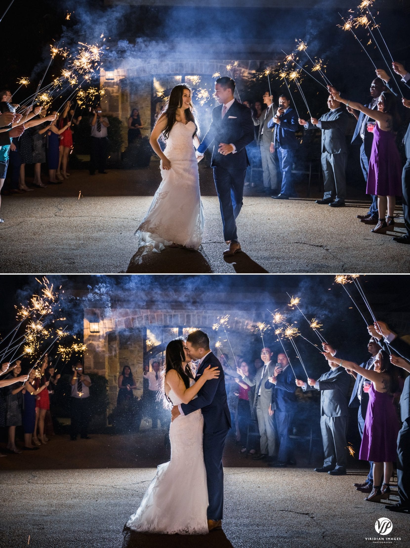 couple send off with sparkler, final kiss