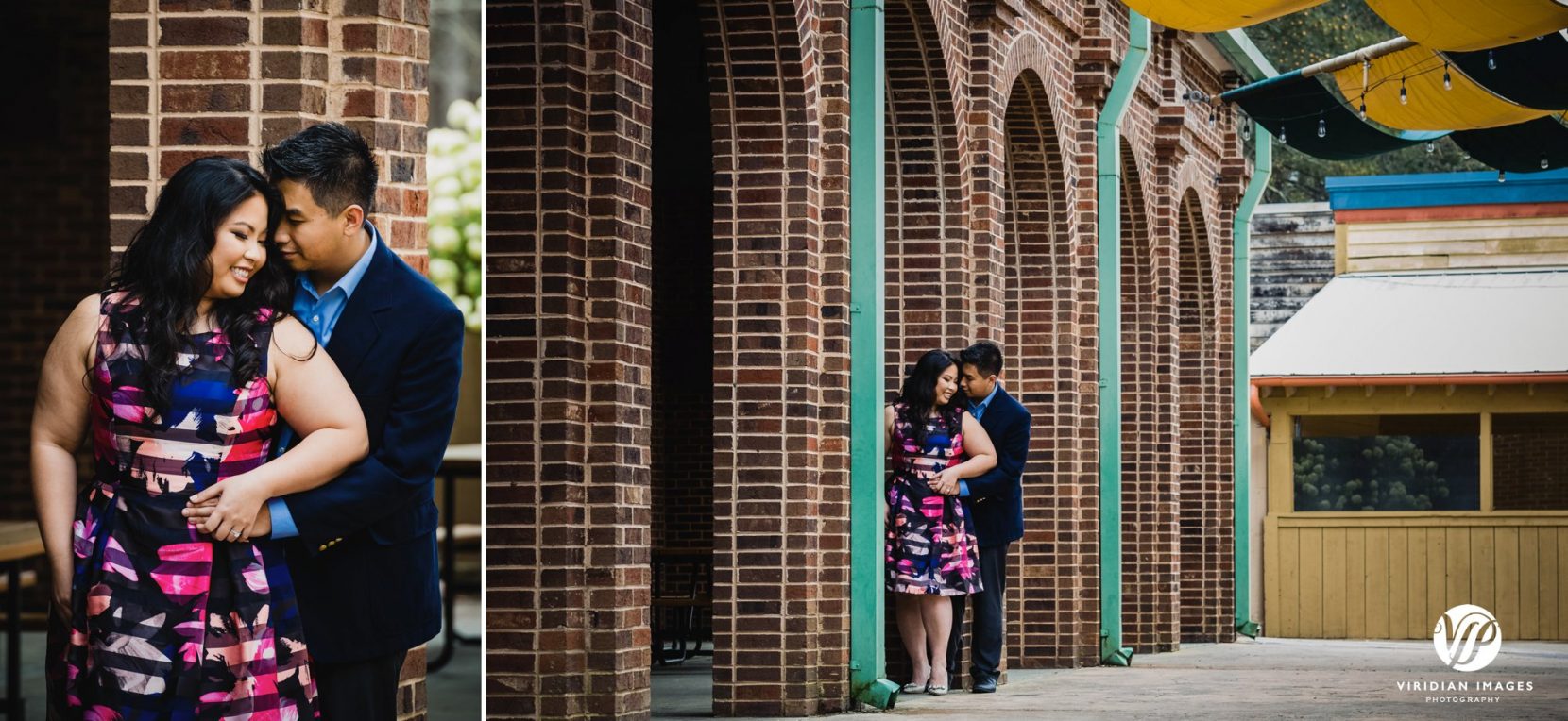 couple hugging brick arches smiling in atlanta stone mountain park engagement photo