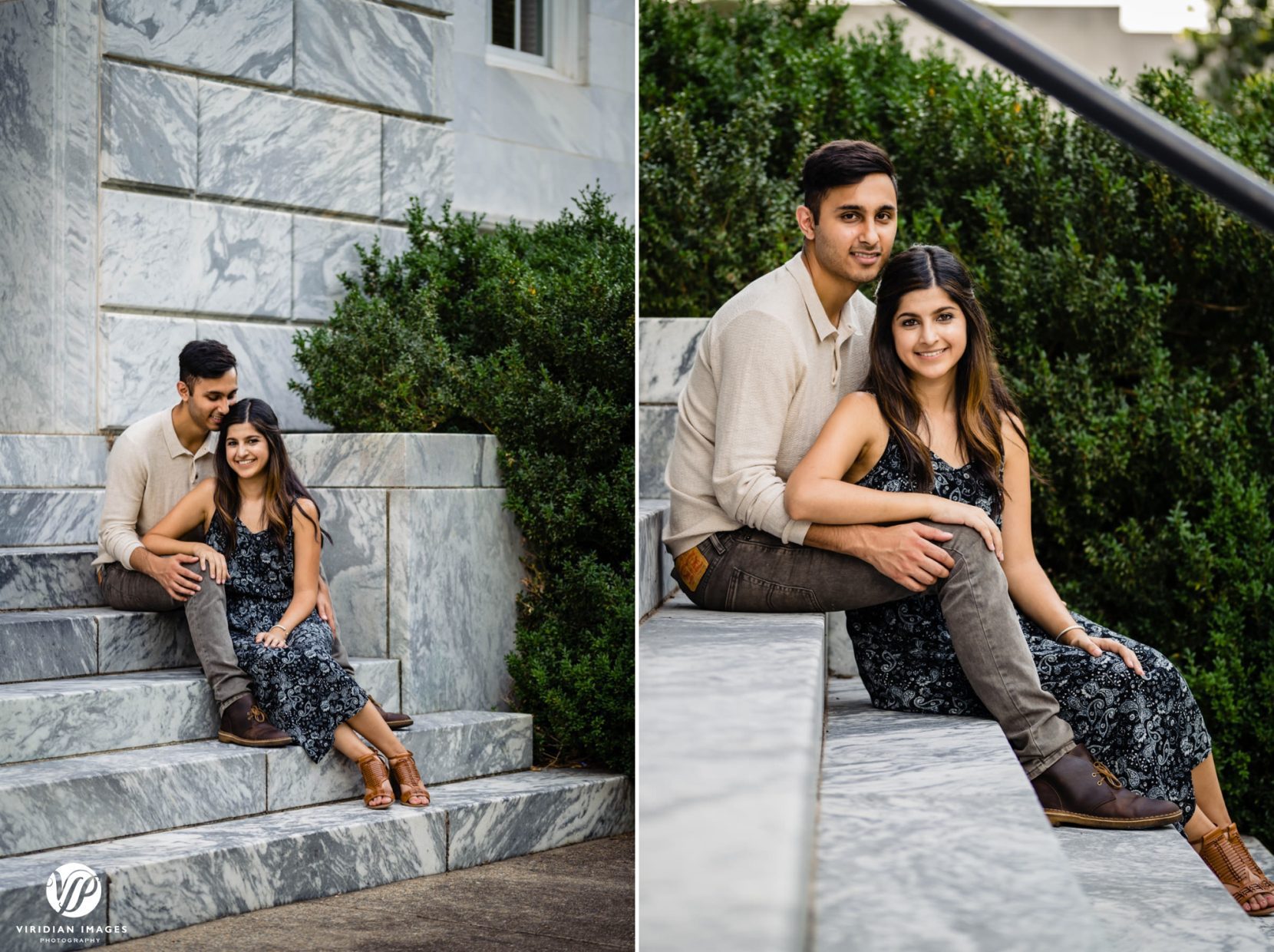 couple sitting on marble stairs outside of mathematics building emory