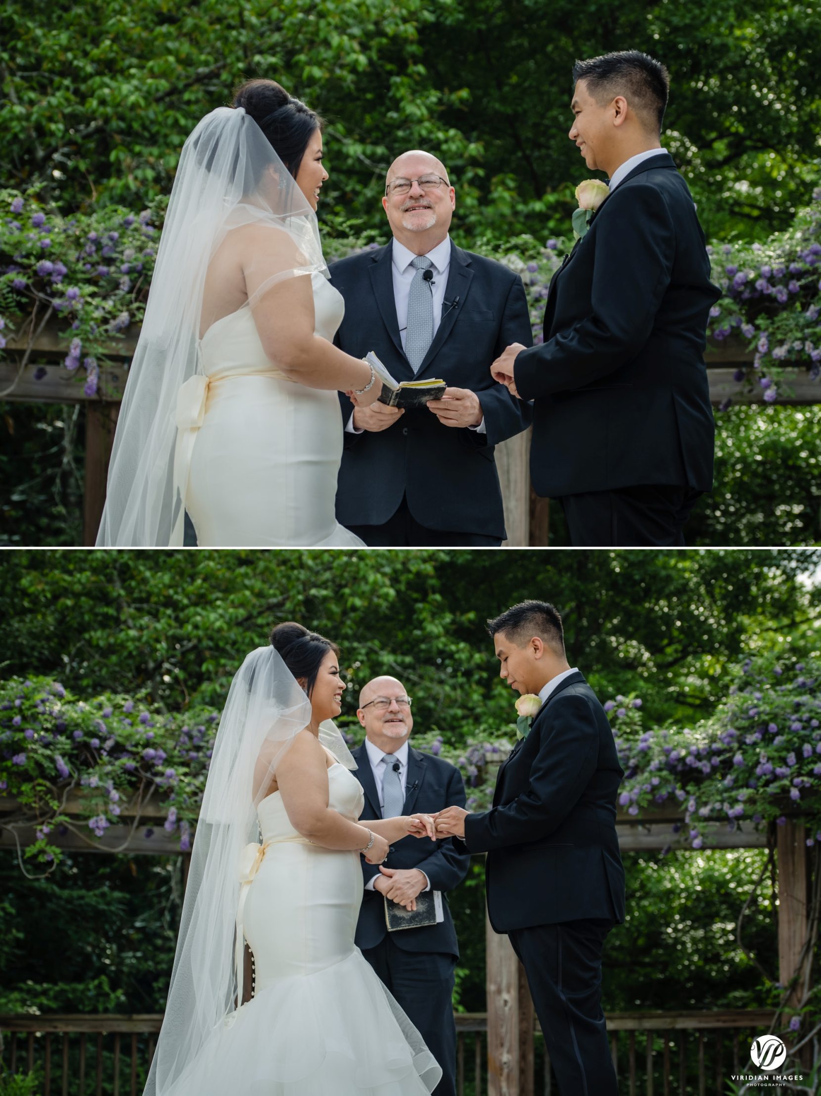 bride and groom with officiant during ceremony