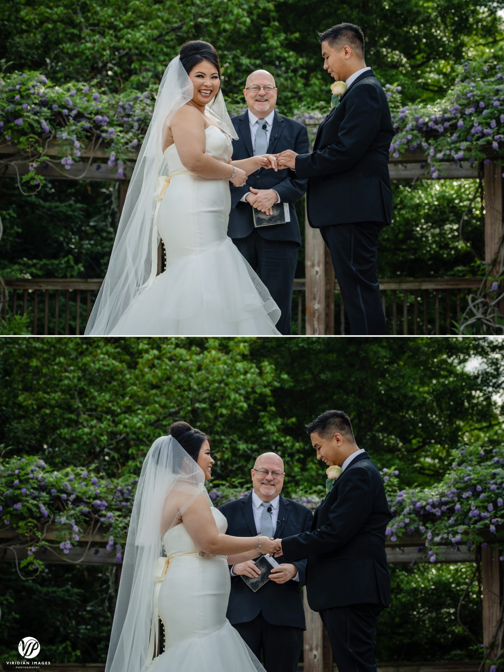 bride laughing during ring exchange ceremony
