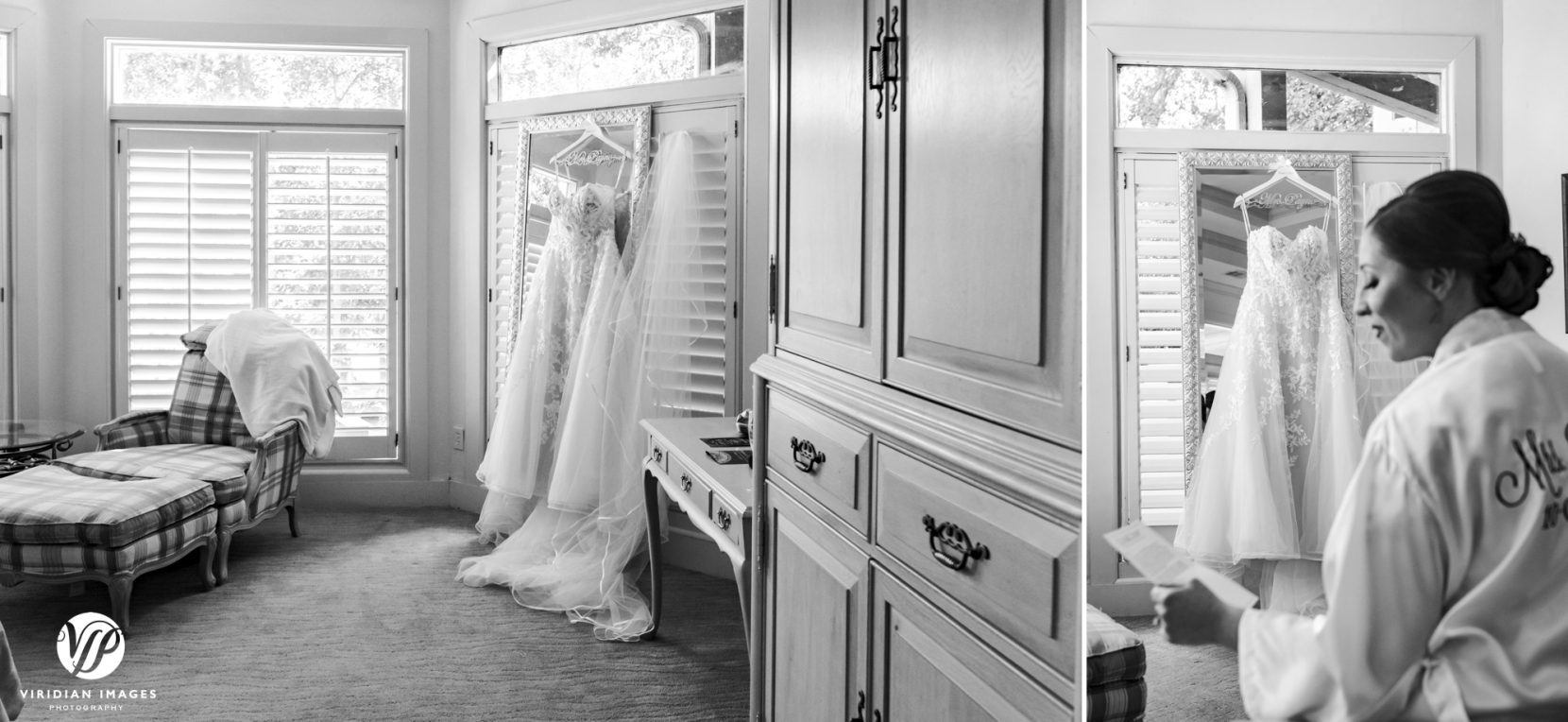 wide shot of wedding dress from viewpoint of entering room