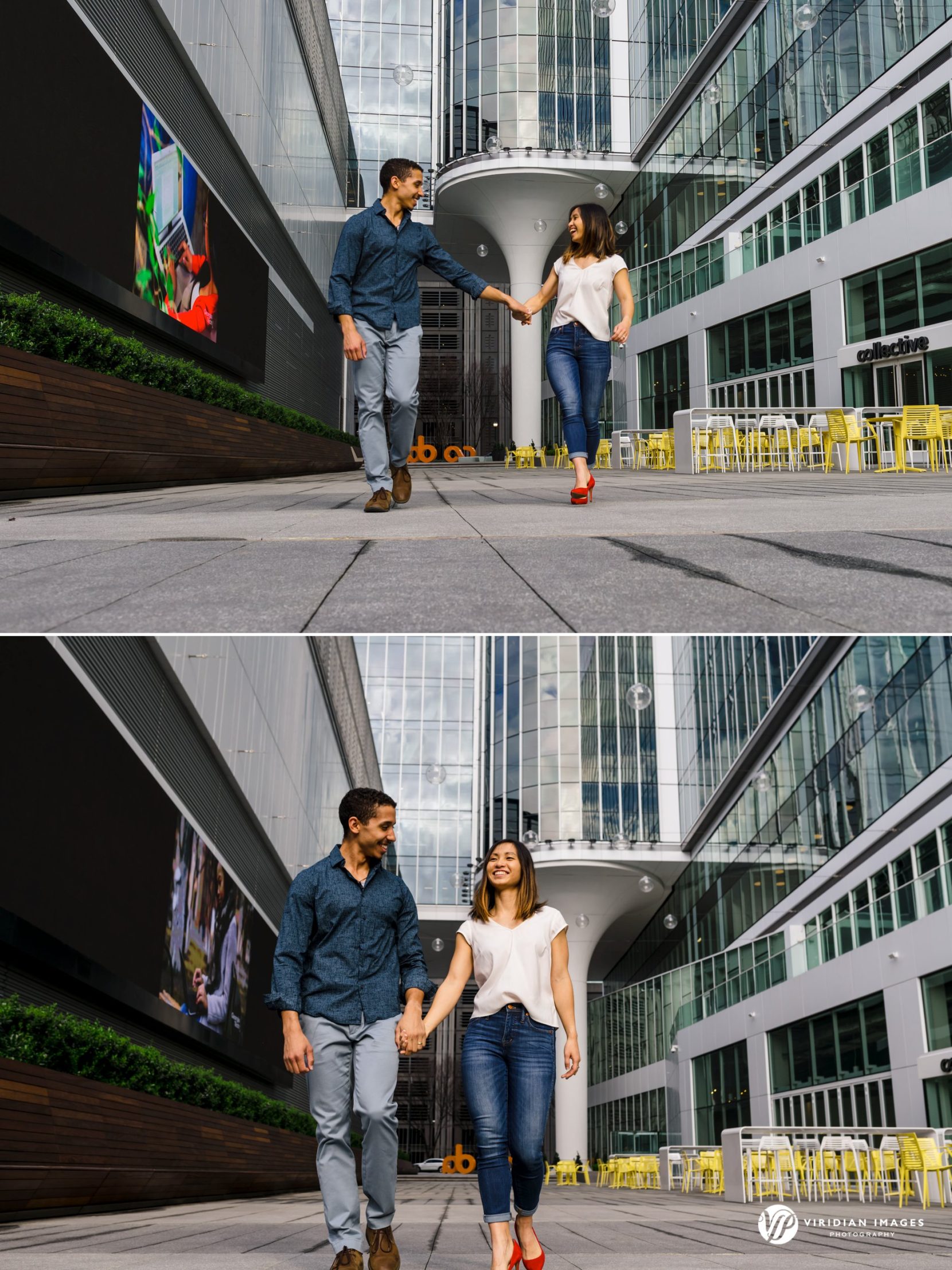 Engaged couple walking side by side on Georgia Tech Square during engagement session