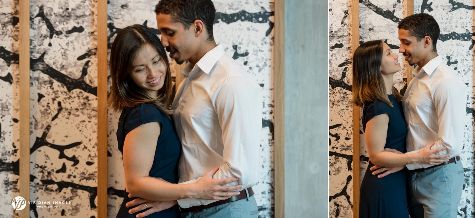 Emily and Robert share moment in front of mural at Georgia Tech campus during engagement session