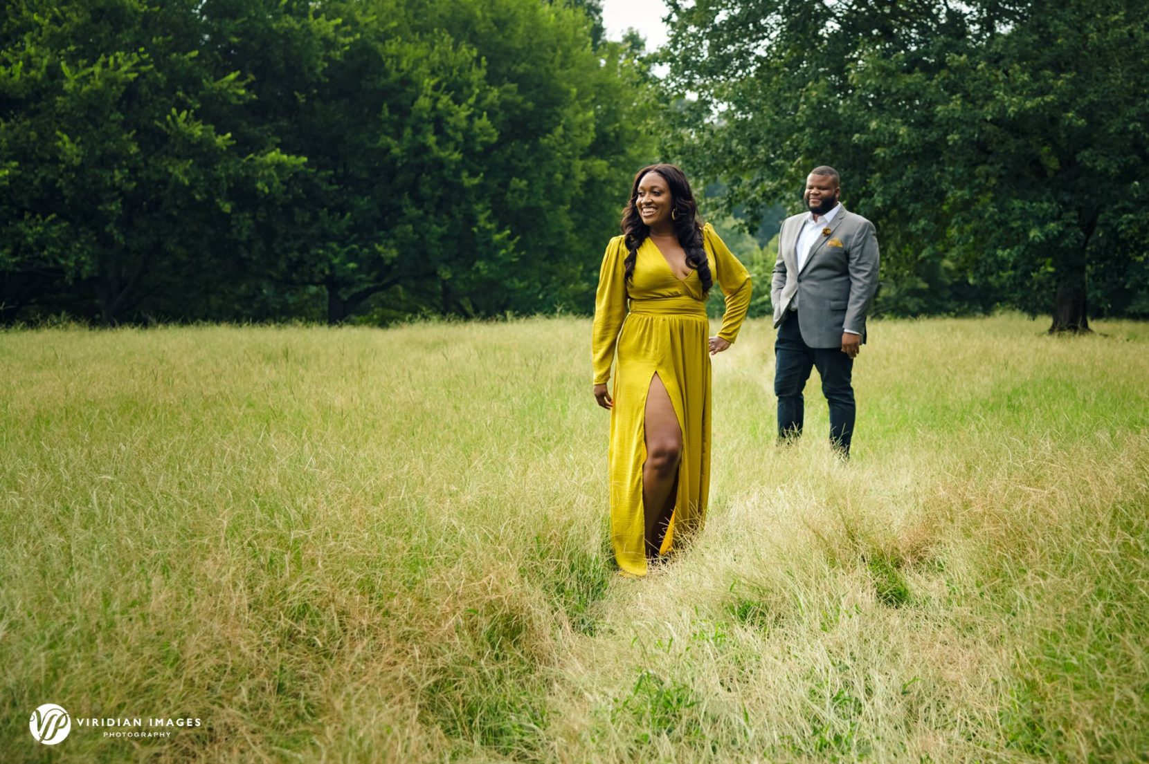Danielle and Stephen editorial style engagement session at Piedmont Park field