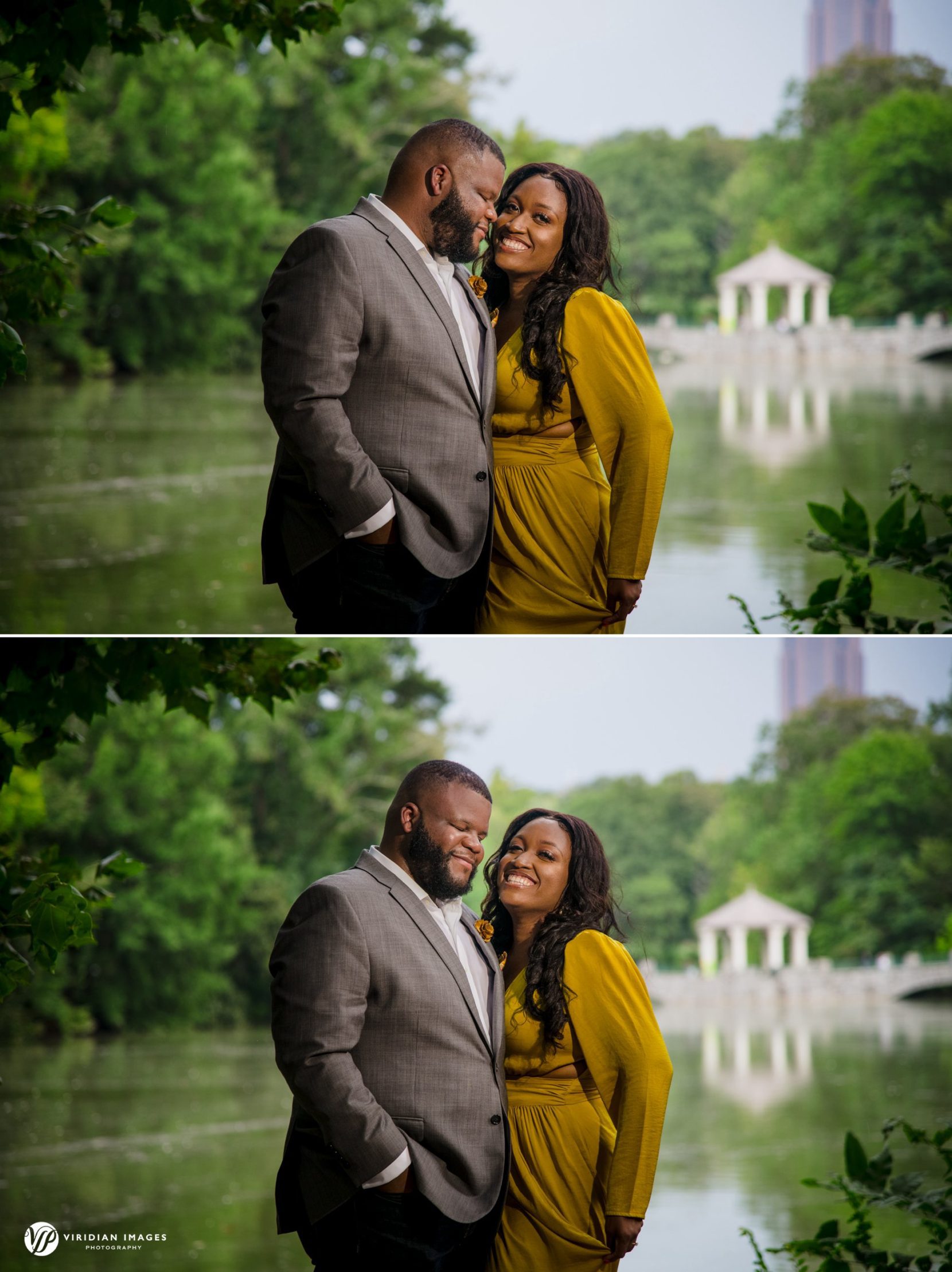 Happy couple in front of lake and gazebo at Piedmont Park