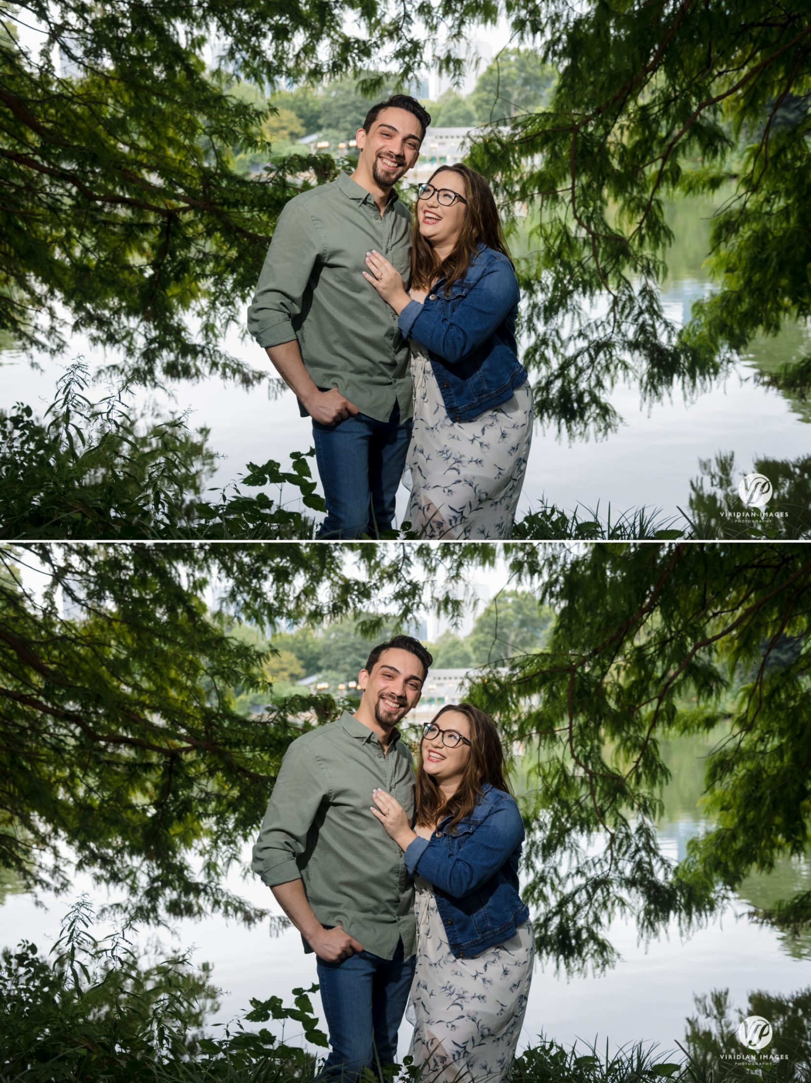 Couple sharing a heartfelt laugh under the trees during their Atlanta engagement photos