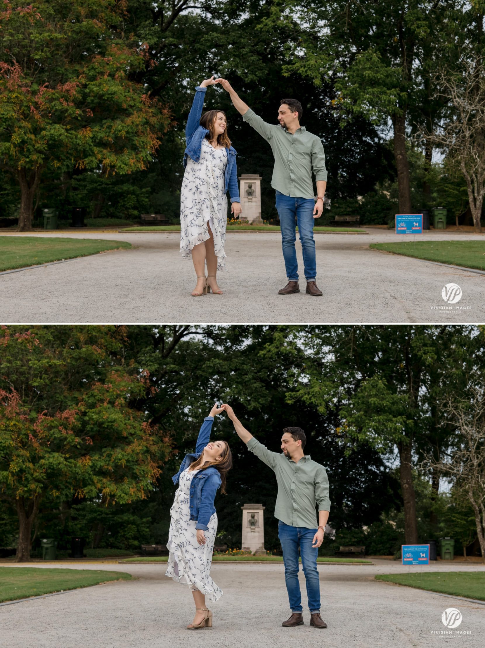 Engaged couple spinning on pathway during their Atlanta engagement photography session