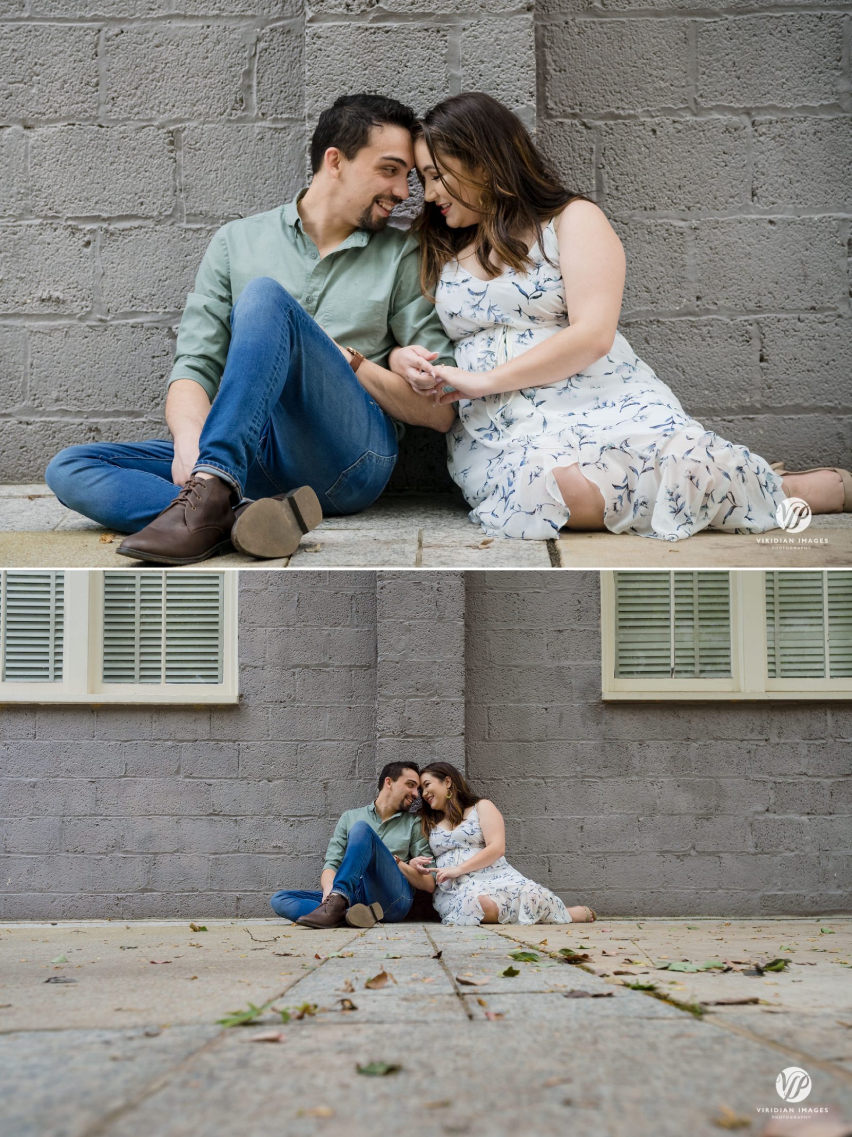Playful moment with bride-to-be looking at her fiancé while laughing during Piedmont Park session