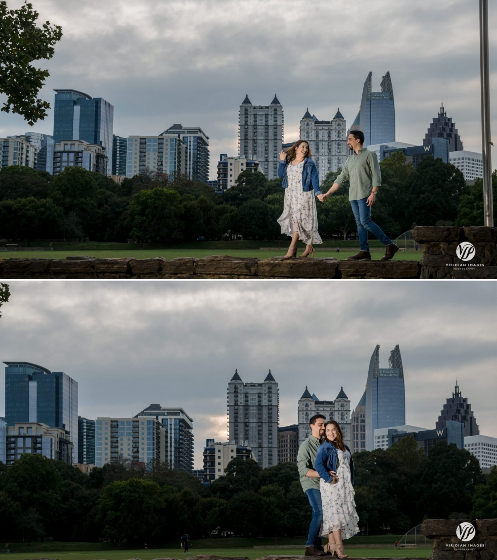 Engaged couple walking hand-in-hand with Atlanta city skyline in the background at Piedmont Park