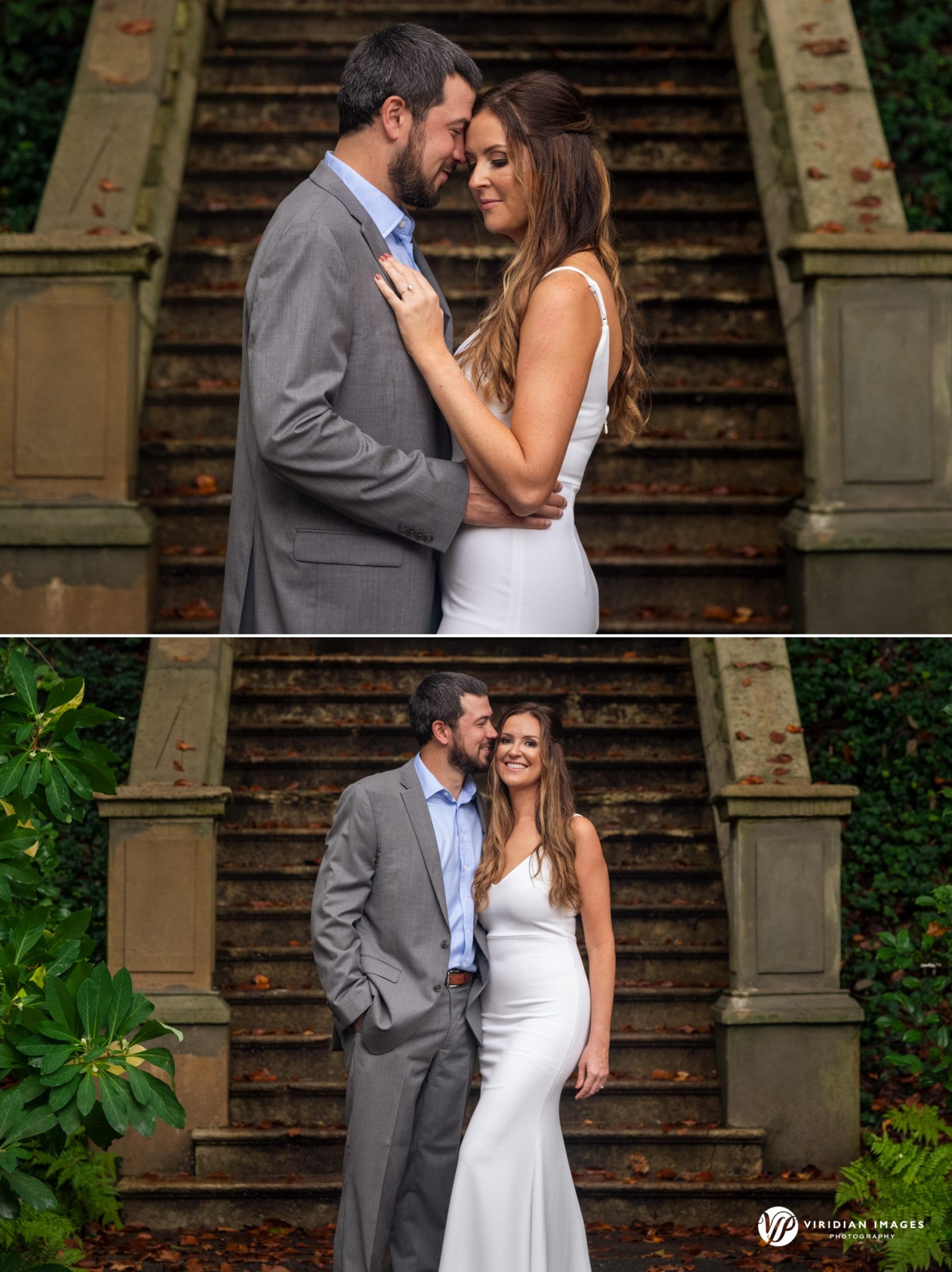 couple private moment posed in front of stone staircase romantic and happy