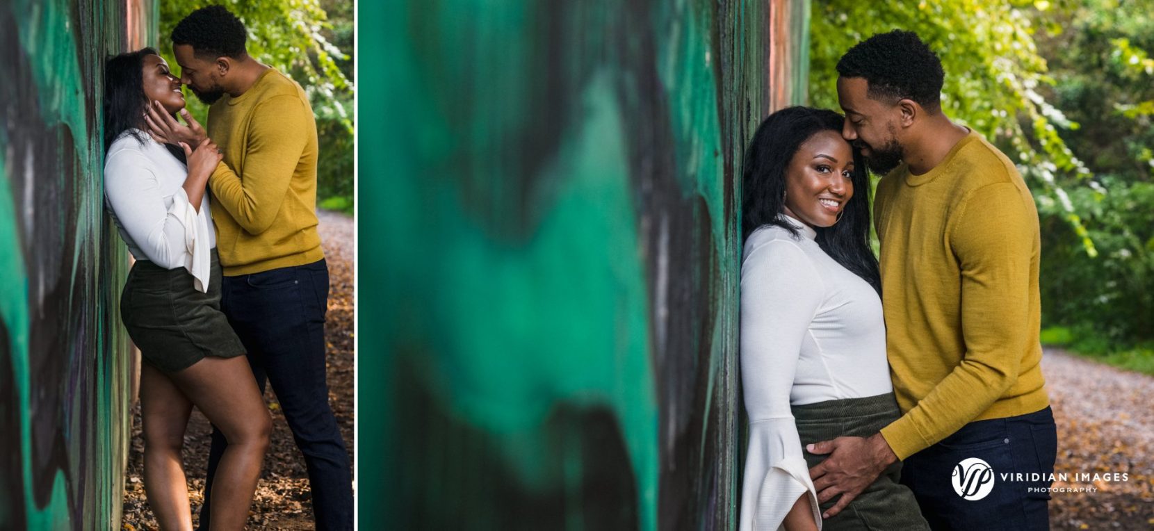couple kissing during engagement session at piedmont park