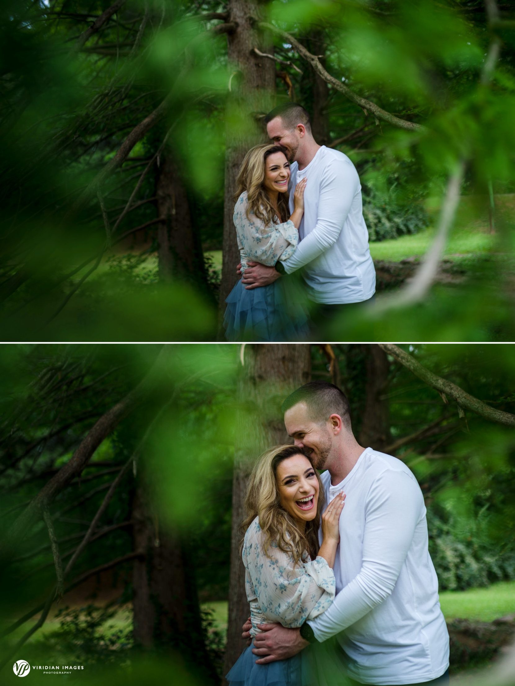 couple laughing under canopy getting out of the rain during engagement session in Atlanta