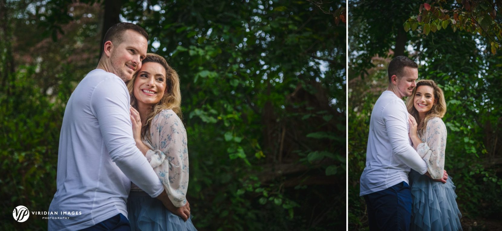 romantic portraits of engaged couple under tree-lined canopy