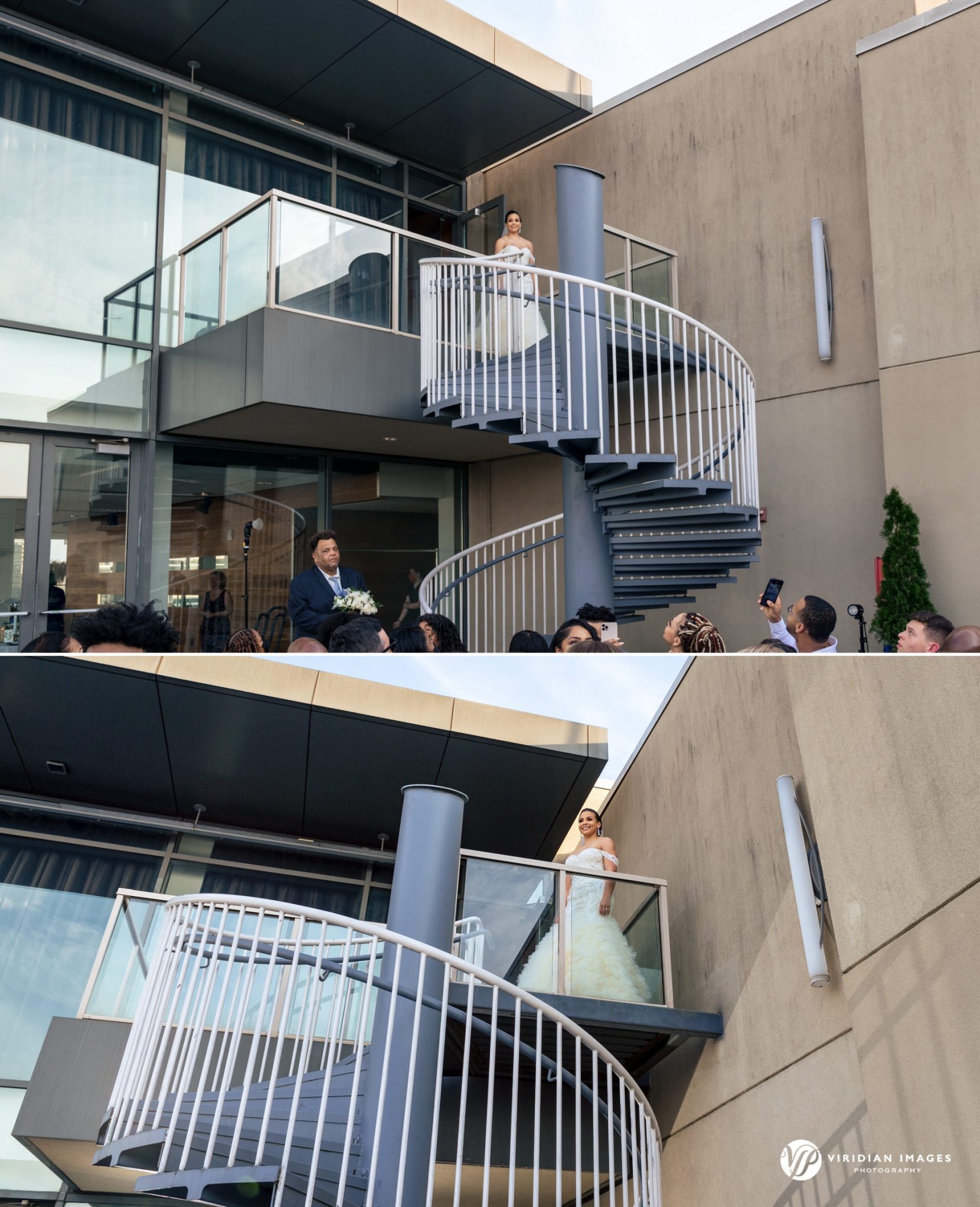 Bride coming down spiral staircase at Ventanas Atlanta terrace