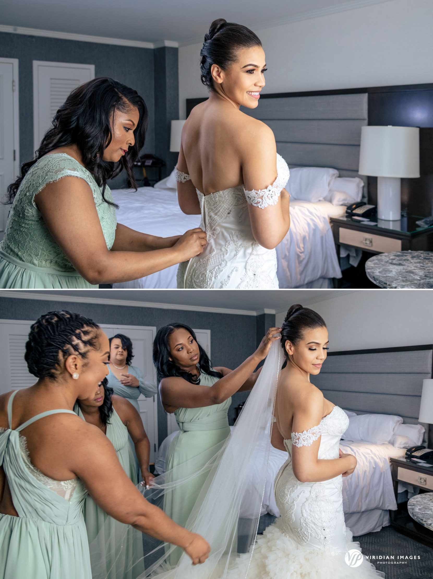 bridesmaids helping bride into dress in Atlanta hotel