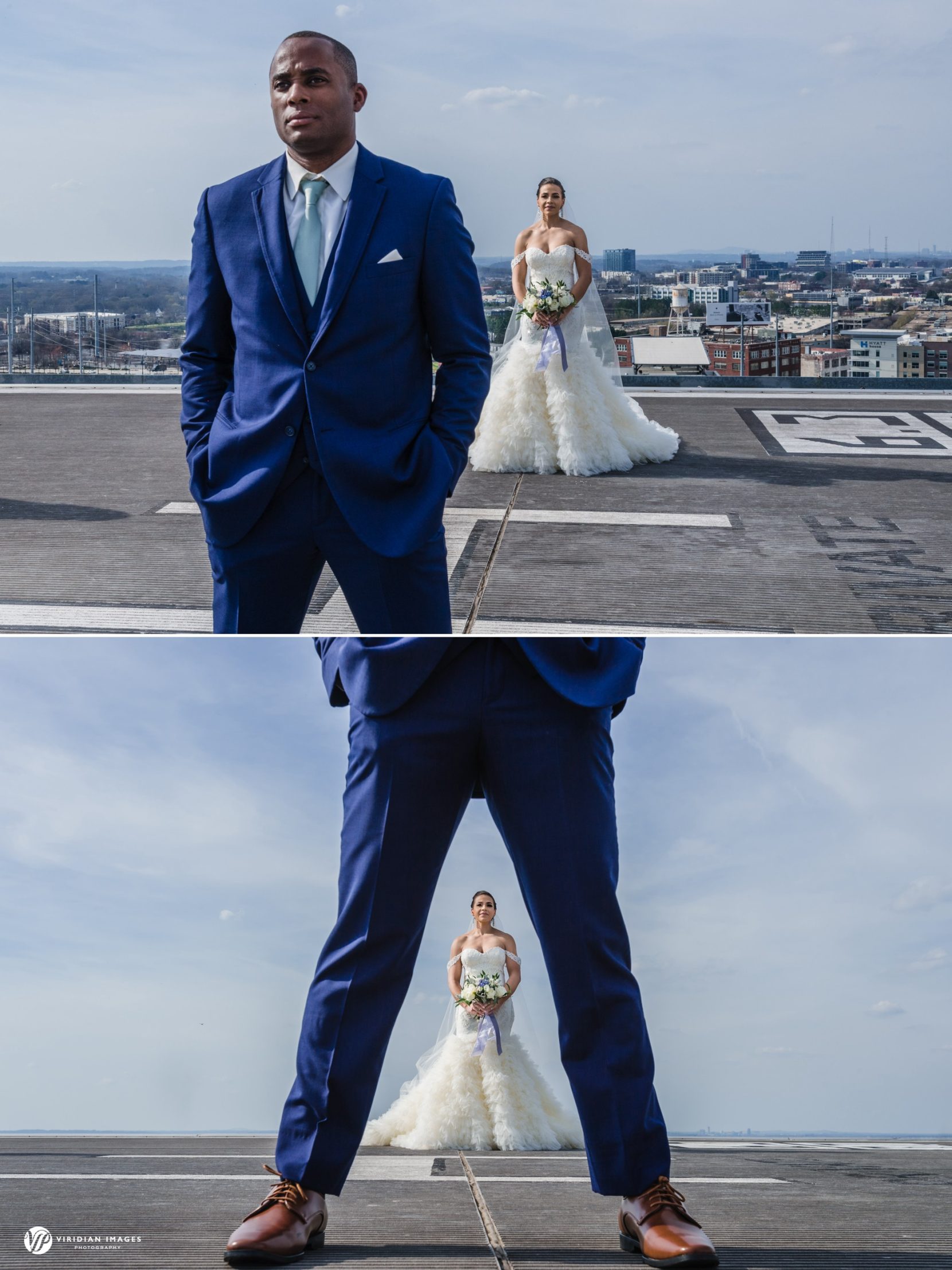 Bride and groom first look approach on Ventanas helipad