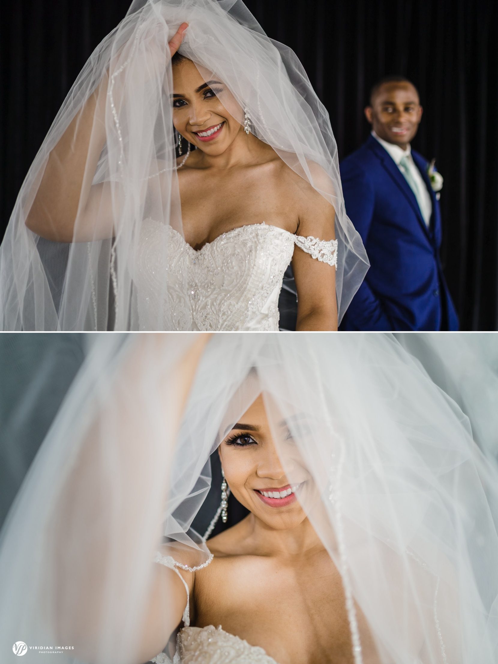 Indoor portraits against black drapes on 2nd floor of Ventanas wedding venue