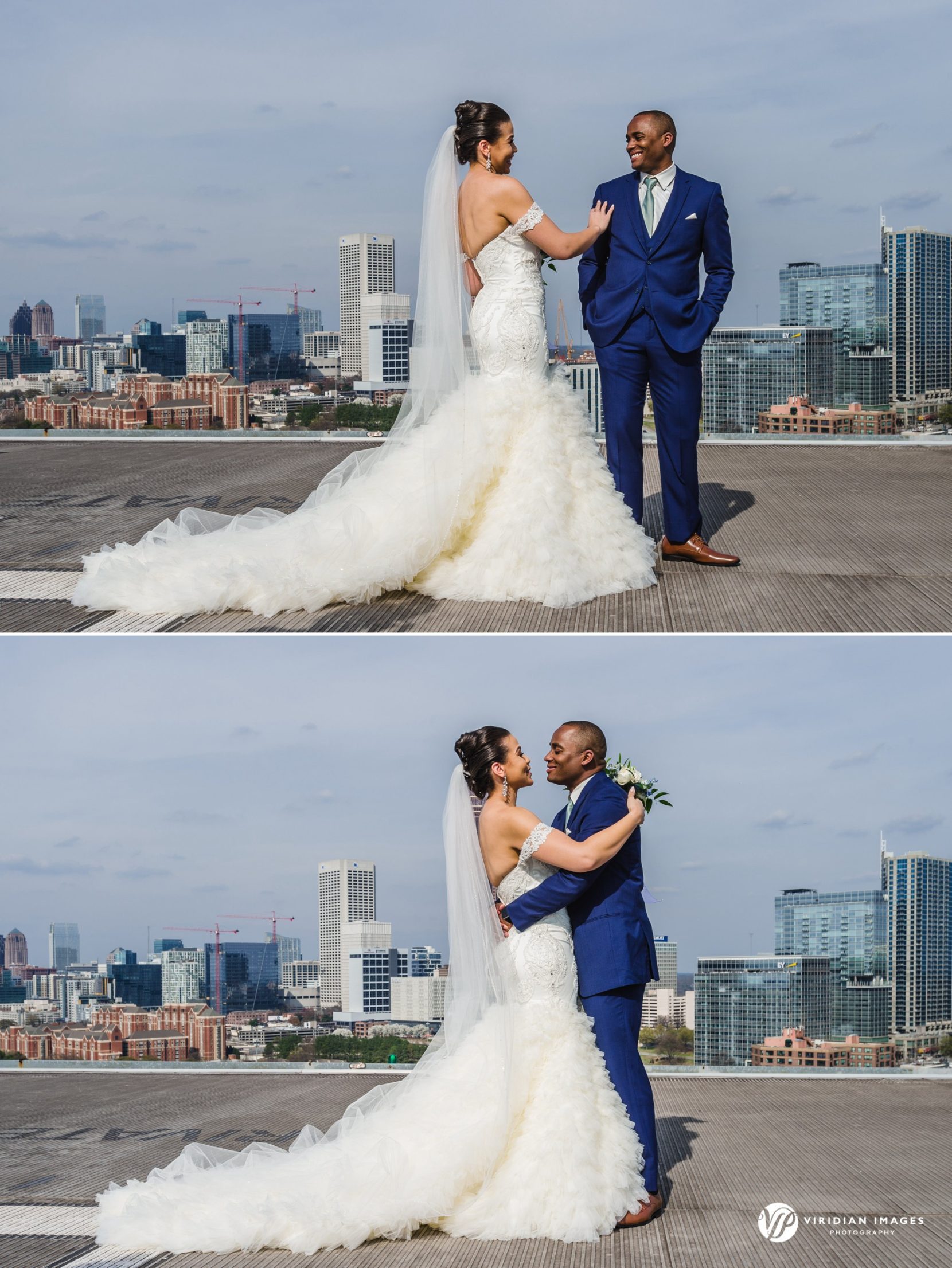 Bride and groom's first look against Atlanta city skyline
