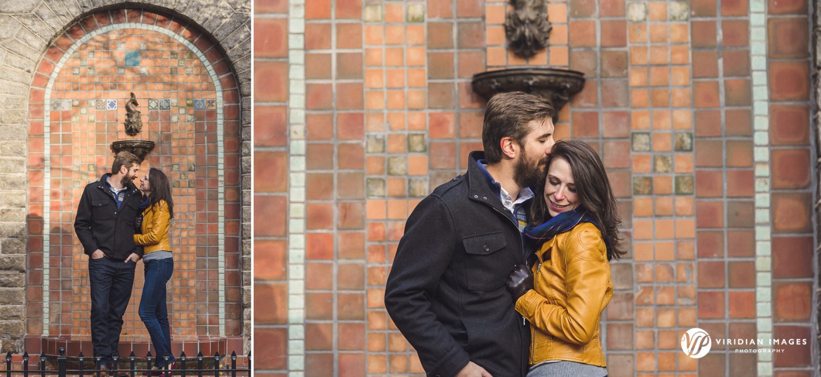 Editorial-style engagement portrait in front of the old fountain at Grant Park.