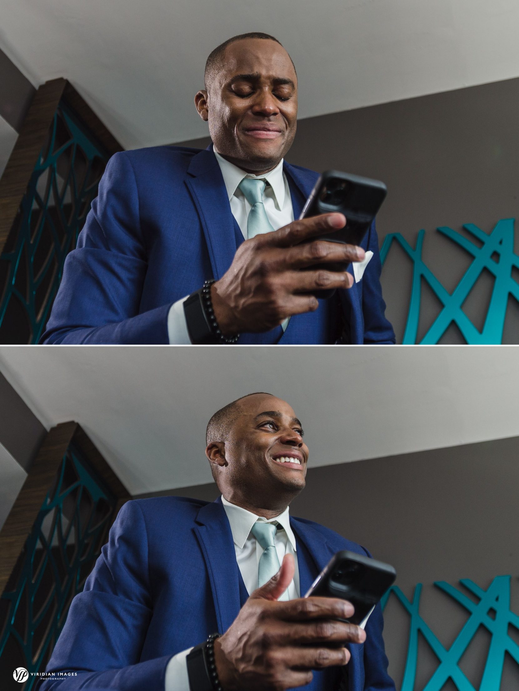 Emotional groom reading bride's message before first look at Ventanas Atlanta