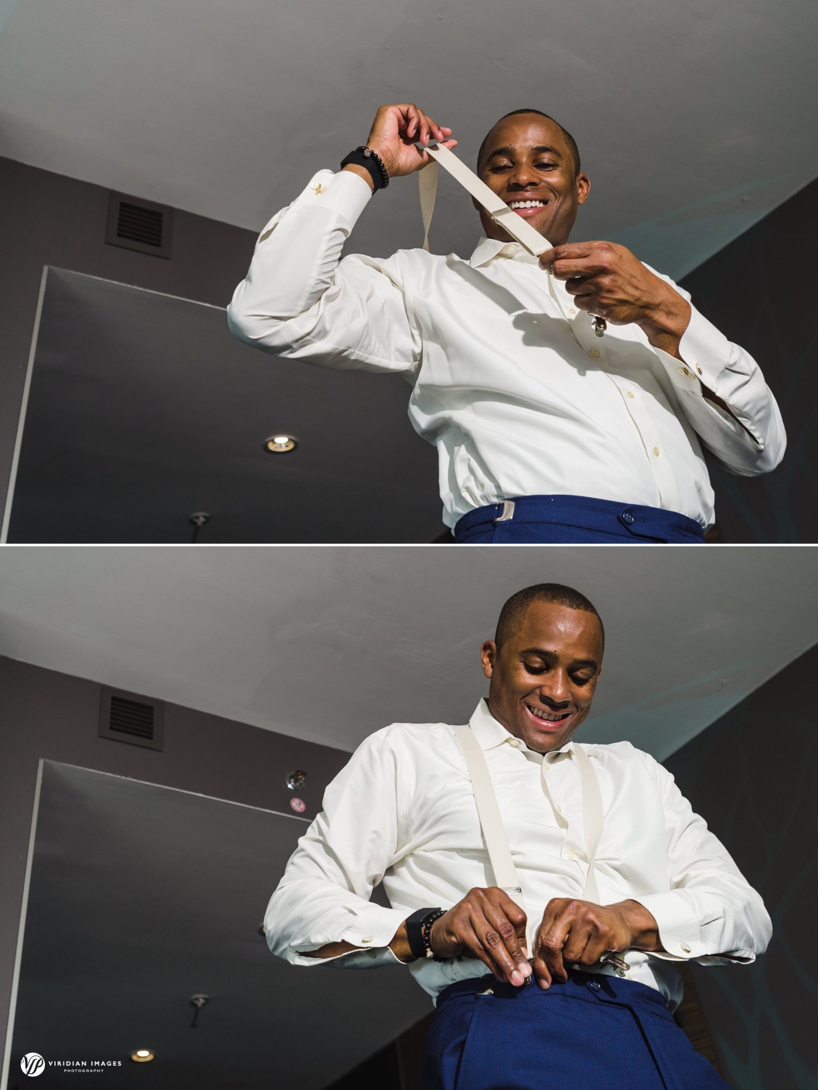 groom putting on suspenders while getting ready for wedding at W Hotel Atlanta