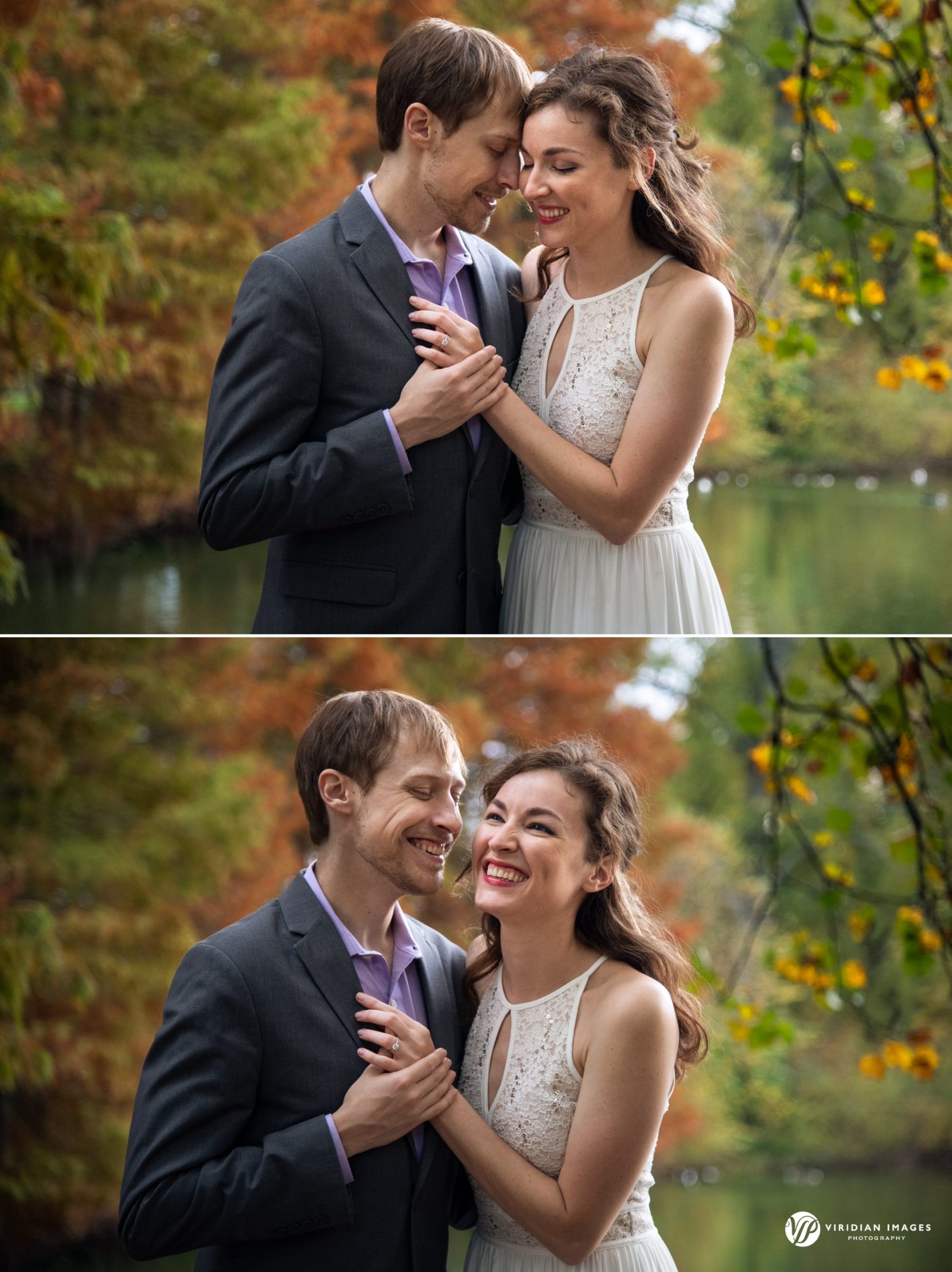 Editorial-style engagement photo of the couple framed by the trees at Piedmont Park.