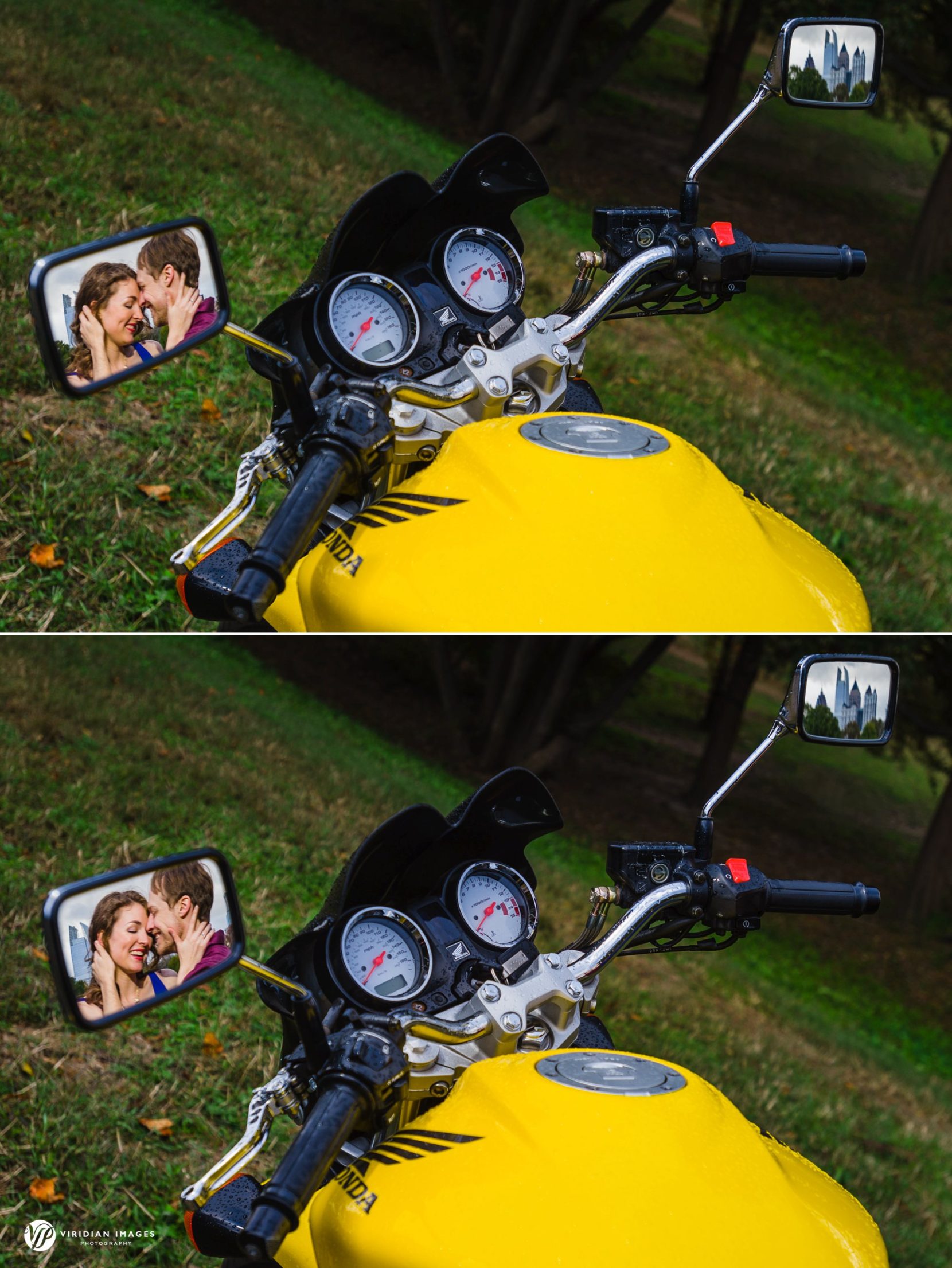 Close-up detail shot of the motorcycle mirrors during Jenny and James’ engagement session.