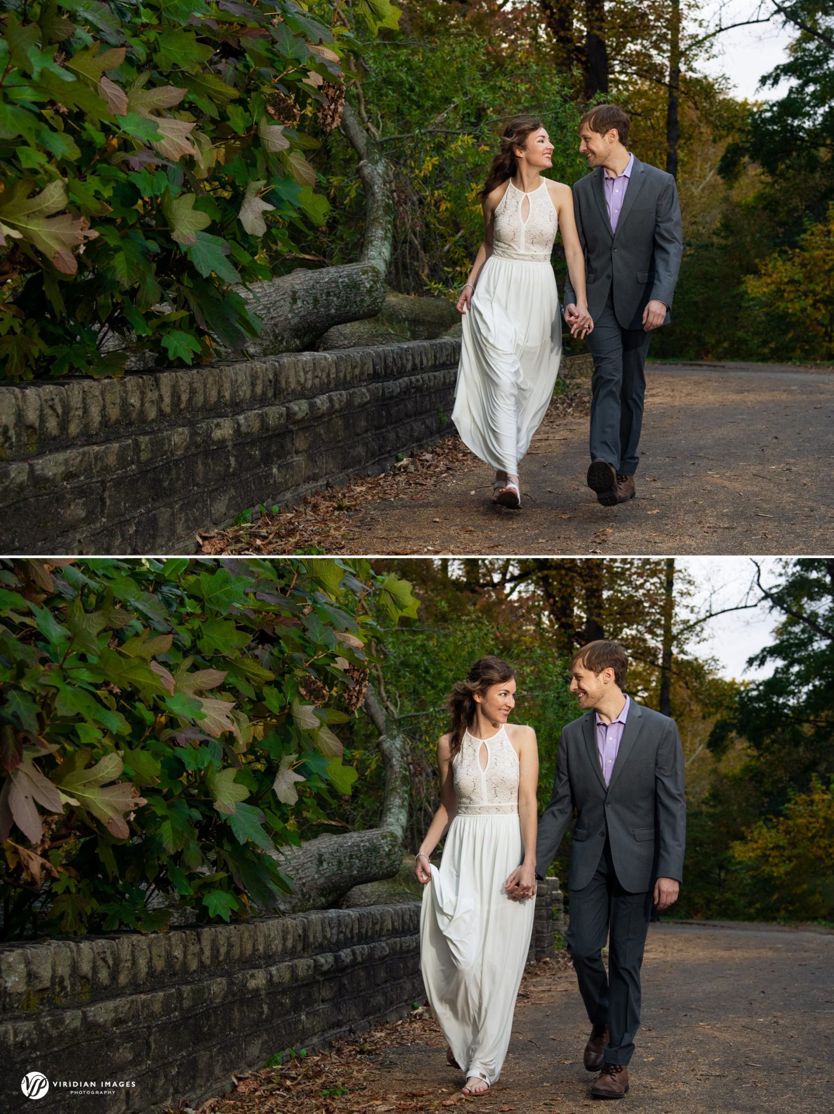 Jenny and James walking down path at Piedmont Park engagement session
