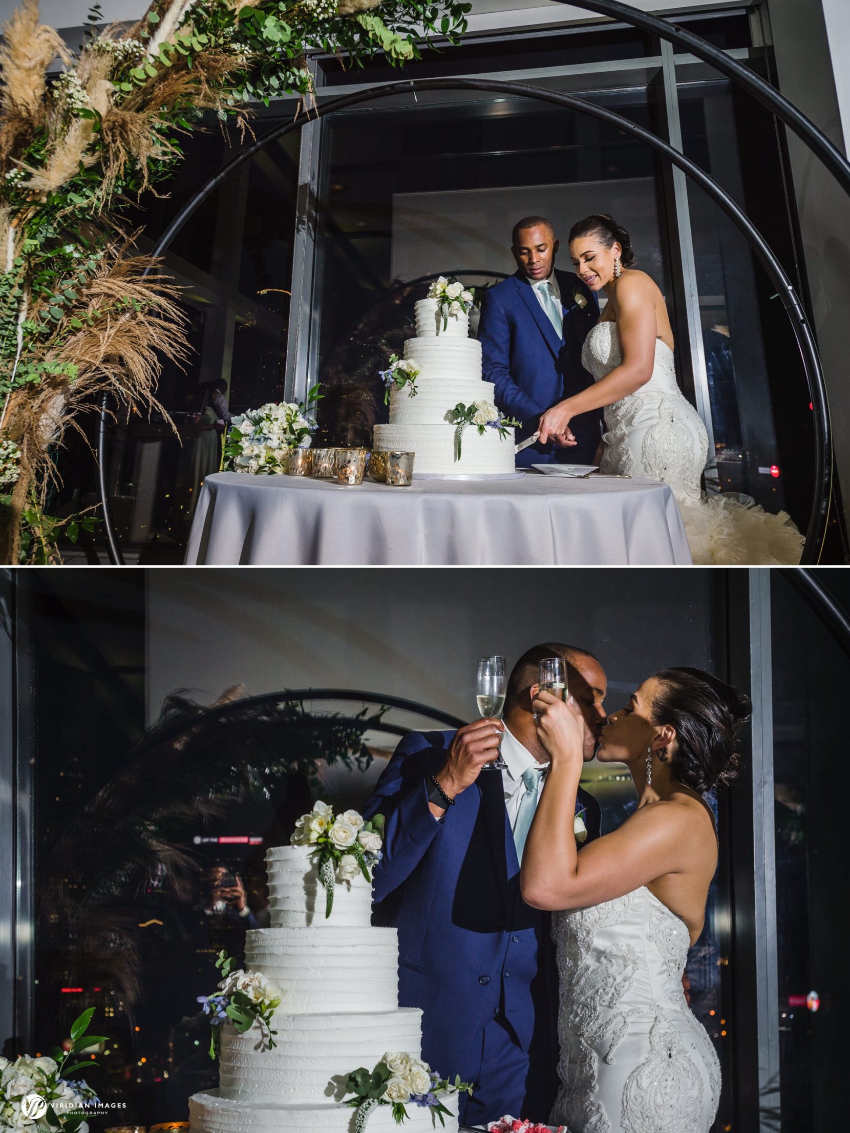 Cake cutting with bride and groom and kiss