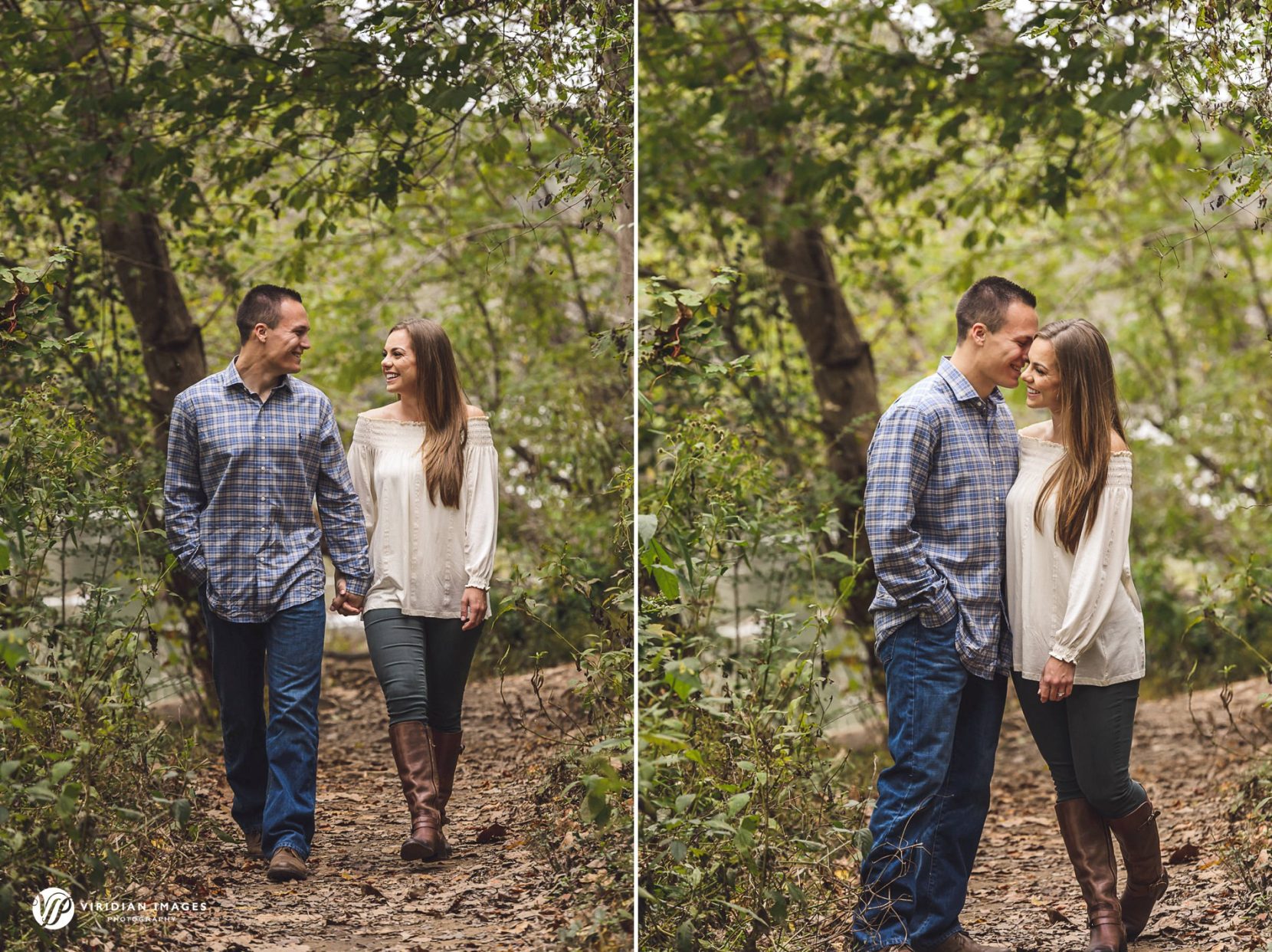 Couple walking along river trail in Atlanta during engagement session.