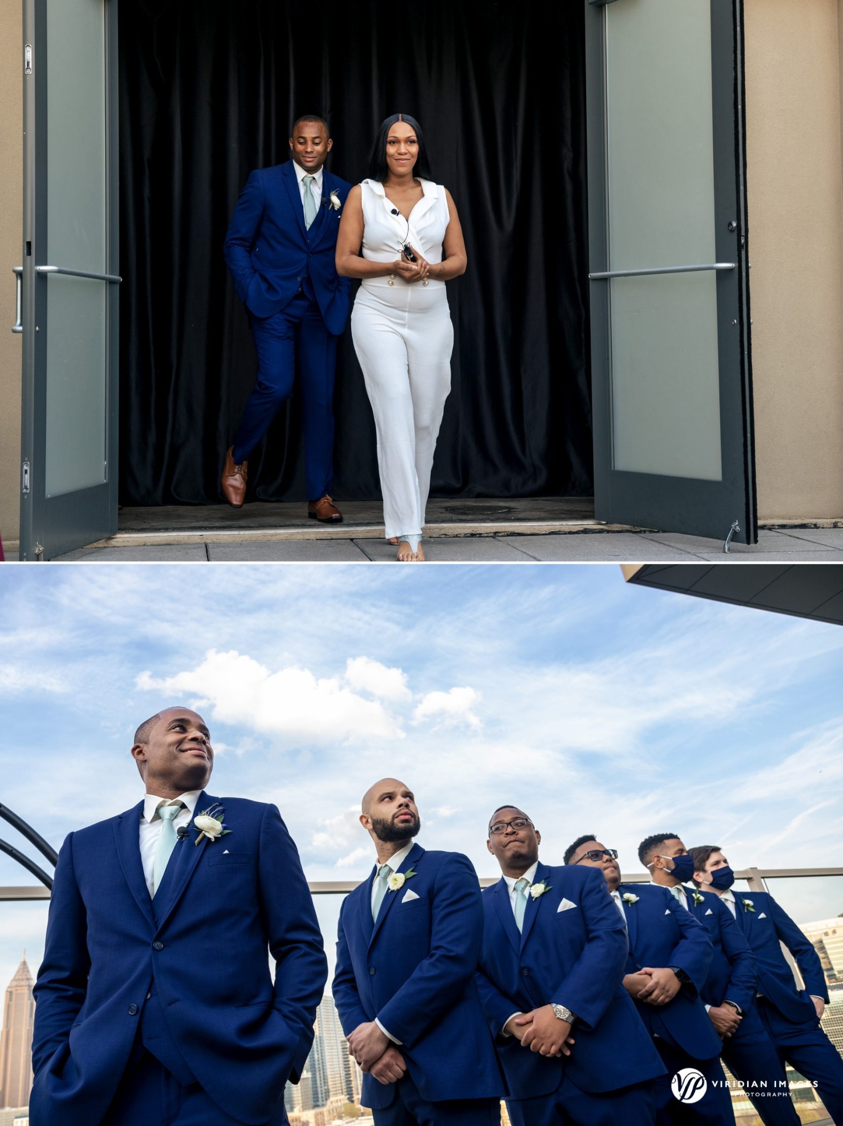 Wedding ceremony processional with groom and groomsmen looking up at approaching bride at Ventanas terrace
