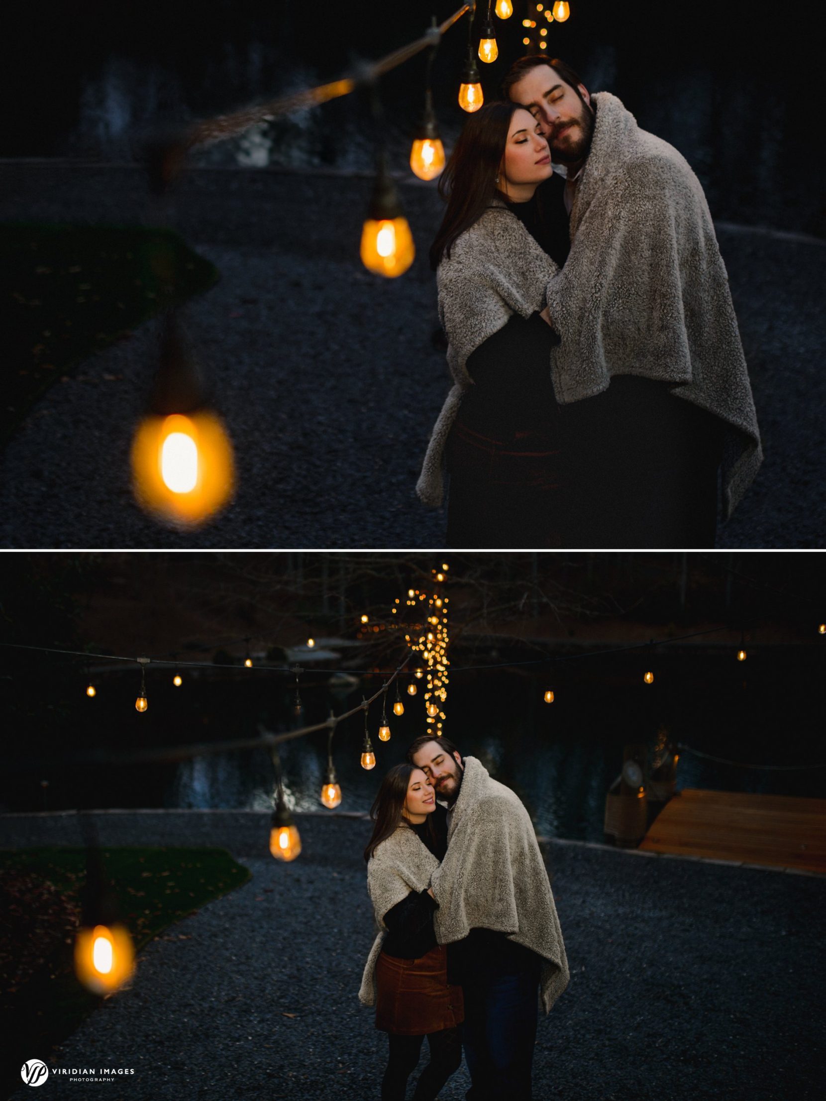 Winter engagement photo of couple under café lights on the dock at Rocky Lake Estate.