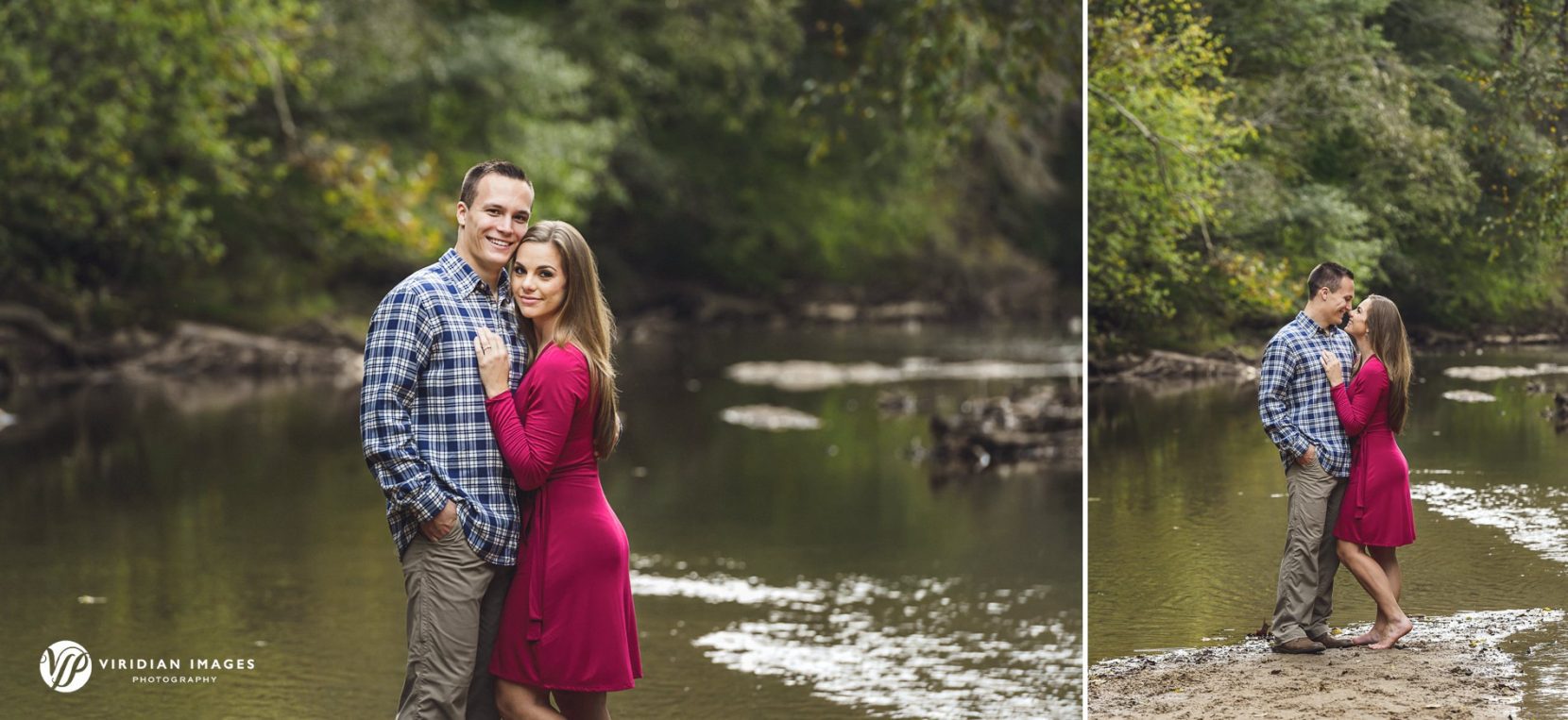 Fall portrait of couple along shallow river surrounded by forest at East Palisades trail.
