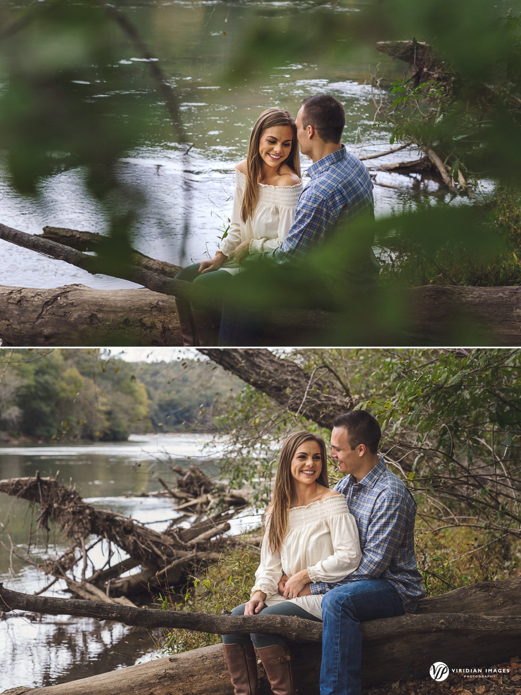 Couple seated by the Chattahoochee River during fall engagement session.