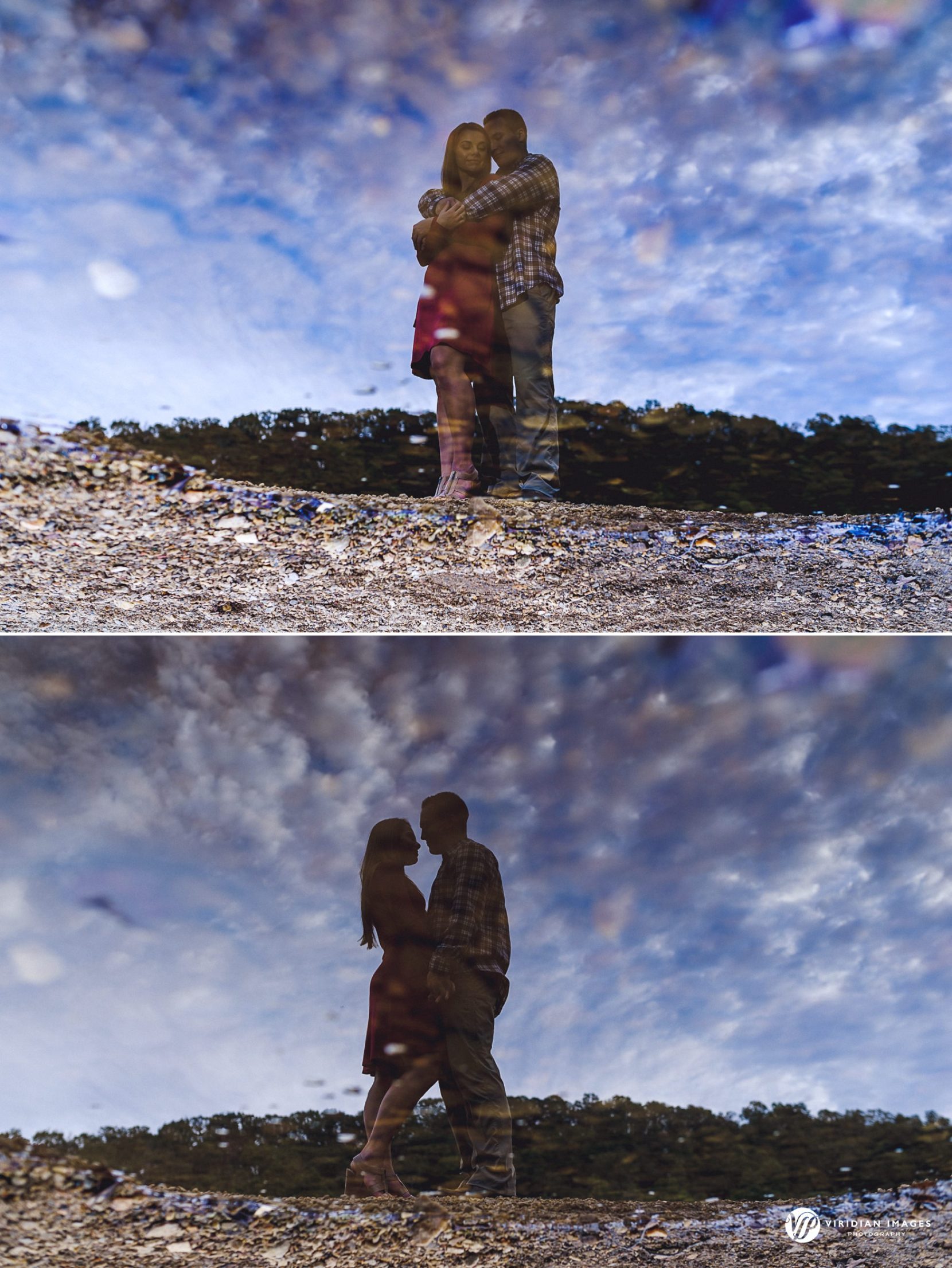 Creative reflection of romantic couple along waters edge during fall engagement session at East Palisades trail.