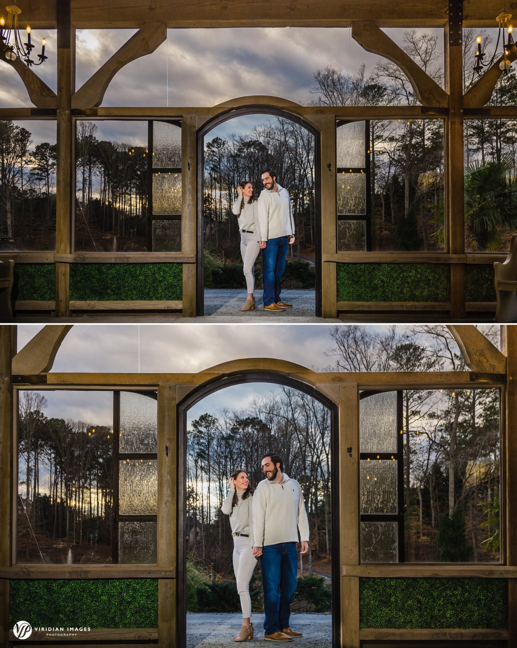 Creative portrait of couple standing at open clear glass doors during engagement session in pavilion of Rocky Lake Estate.