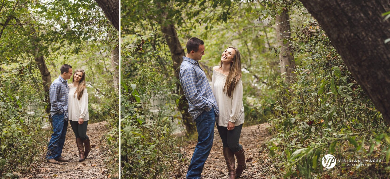 Engaged couple walking along hiking trail during fall engagement session in Atlanta.