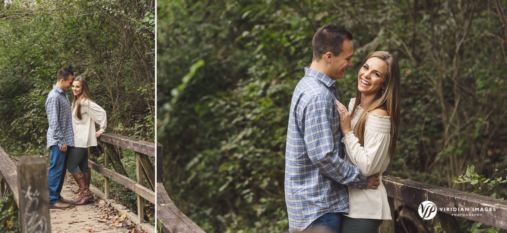 Romantic fall portrait of couple on bridge along Palisades Trail Atlanta.