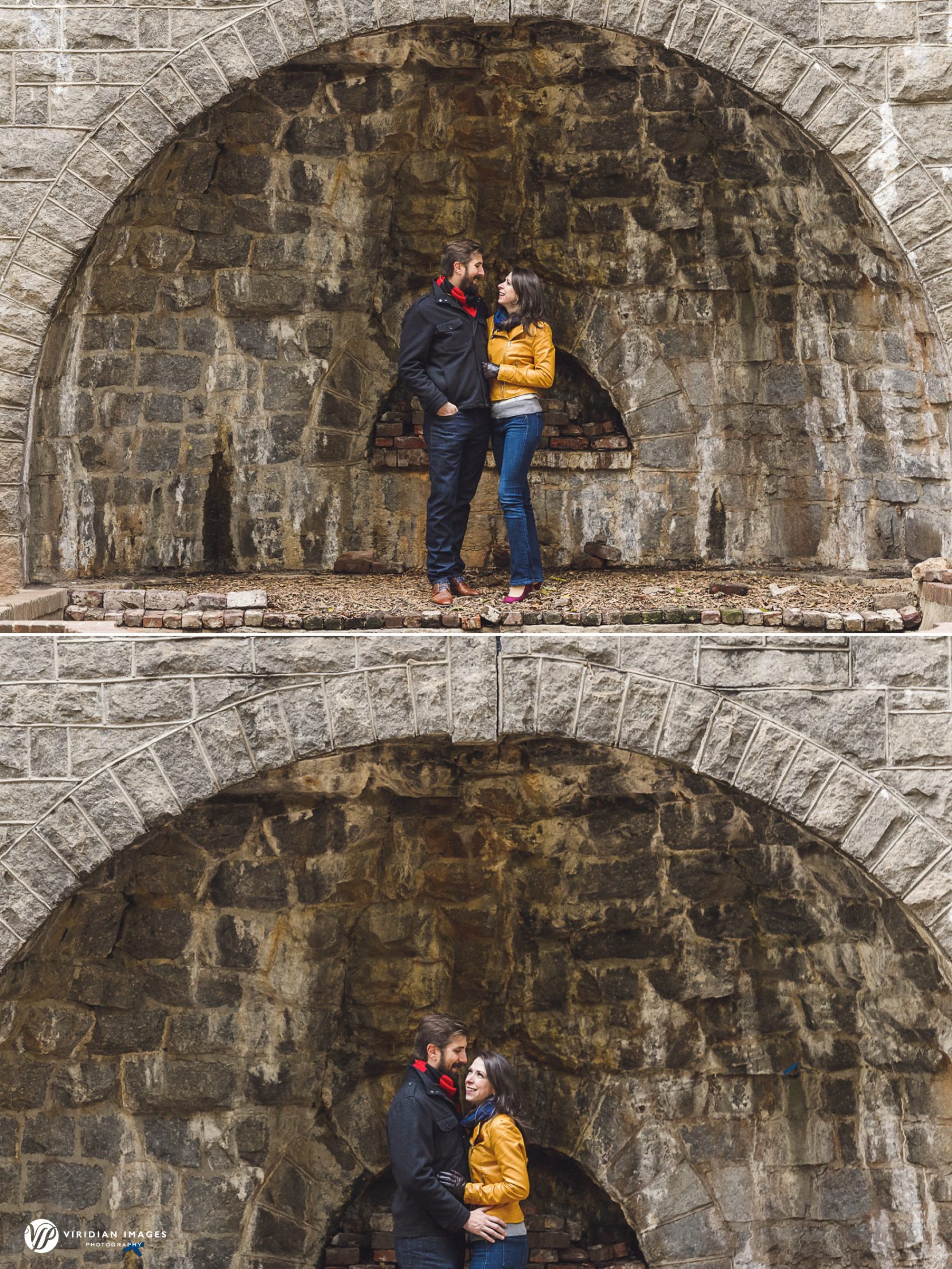 Engagement photo of couple standing in front of an alcove in Grant Park Atlanta.