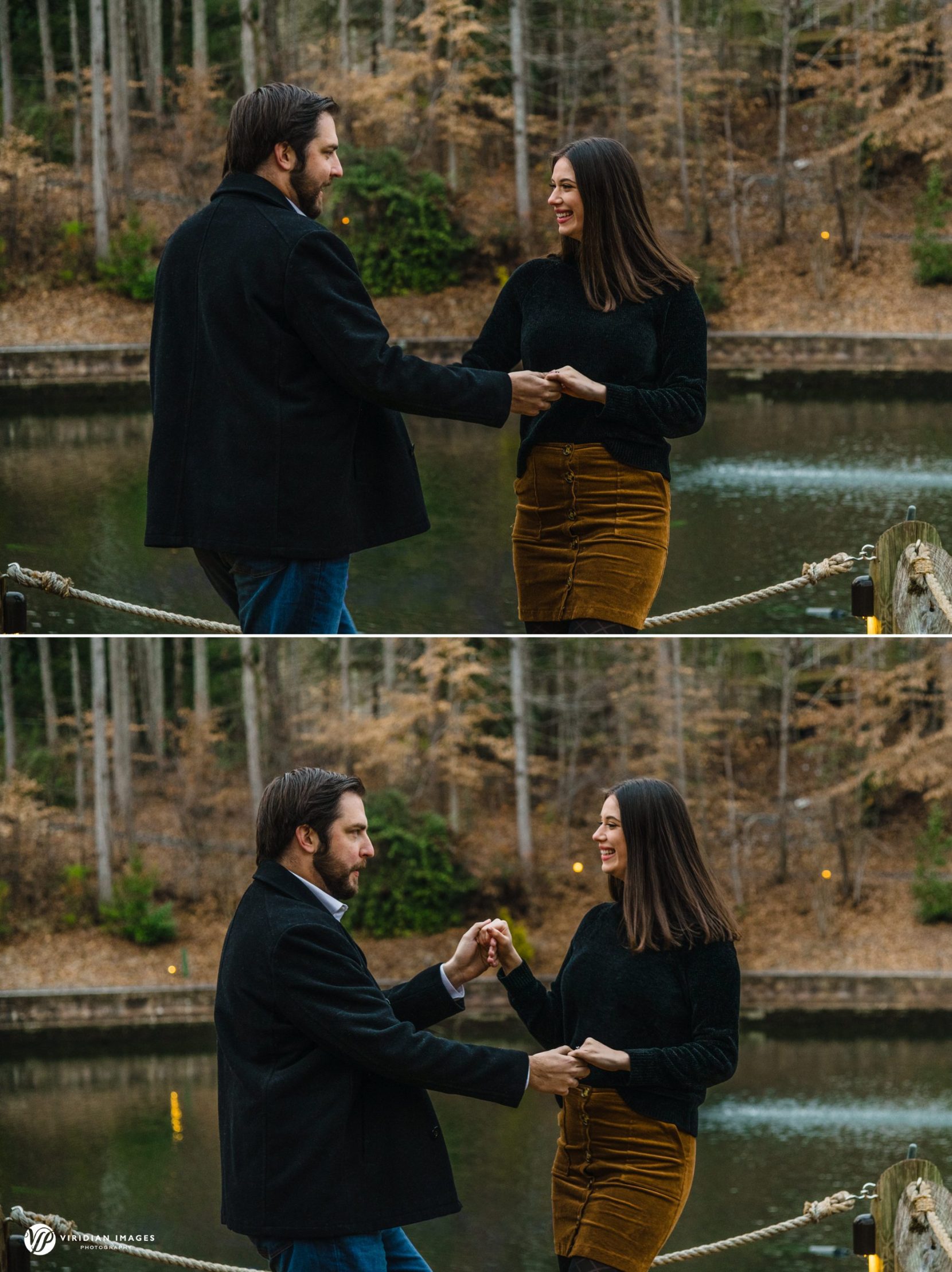 Kelly and Kyle dancing on a small wooden dock by the lake during their winter engagement session.