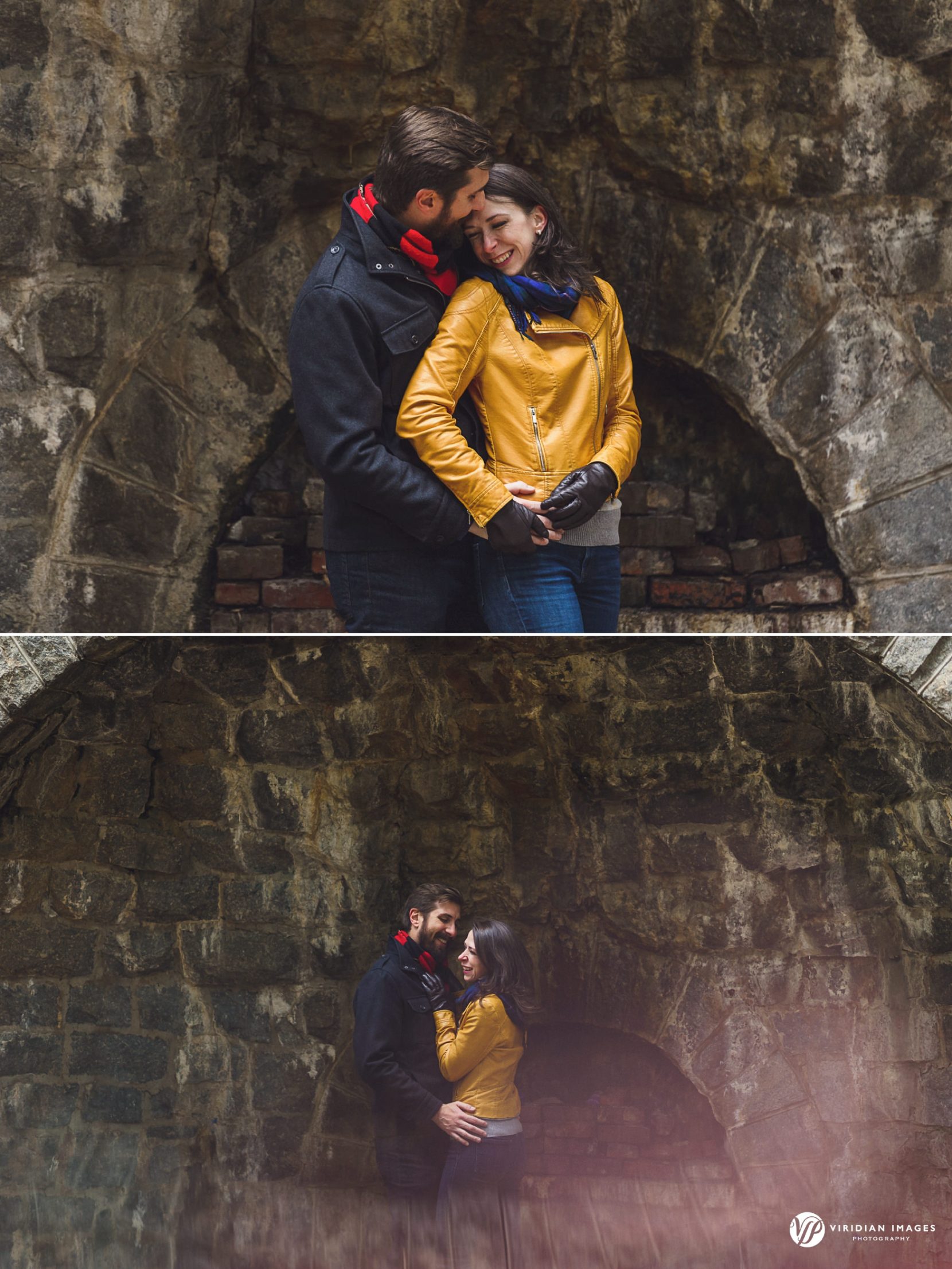 Cute engaged couple enjoying each other in front of stone wall at Grant Park.
