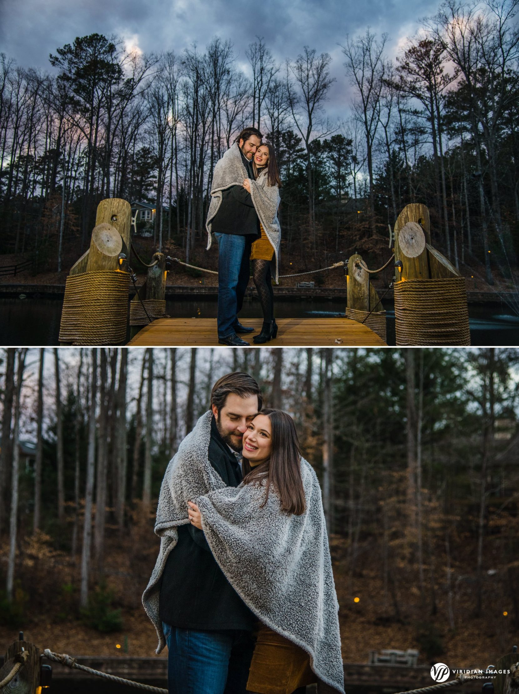 Couple snuggle under blanking on dock during dusk at Rocky Lake Estate engagement session.