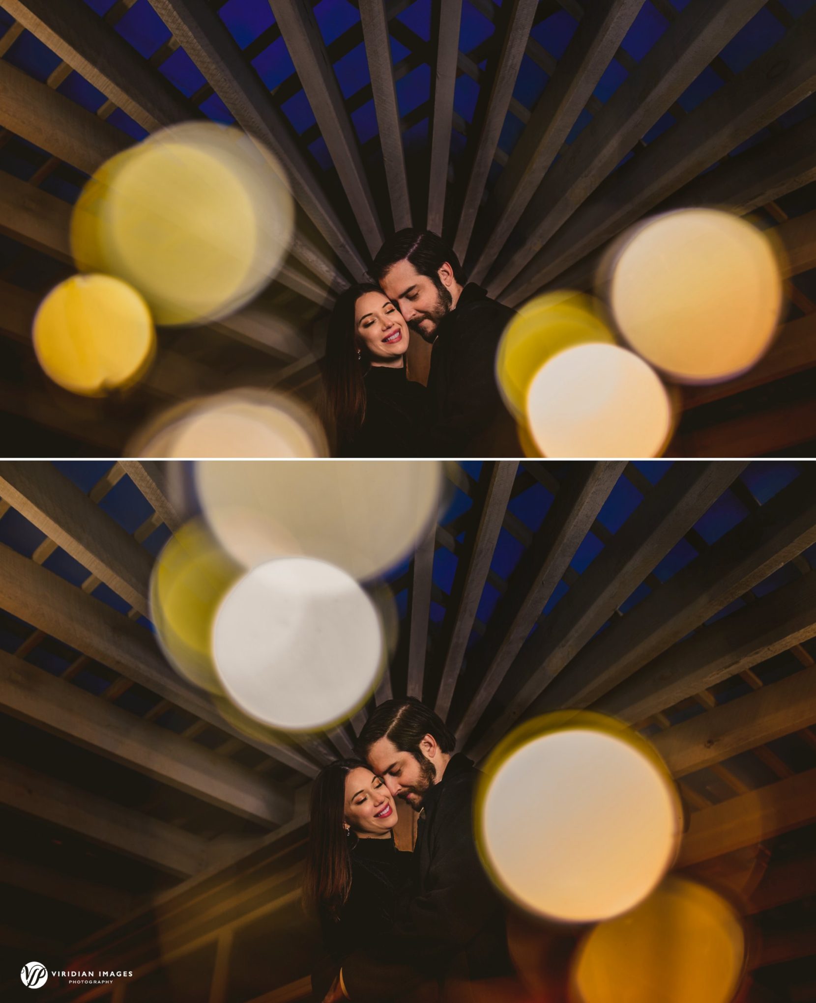 Creative winter engagement portrait with twinkling foreground lights and bokeh effects.