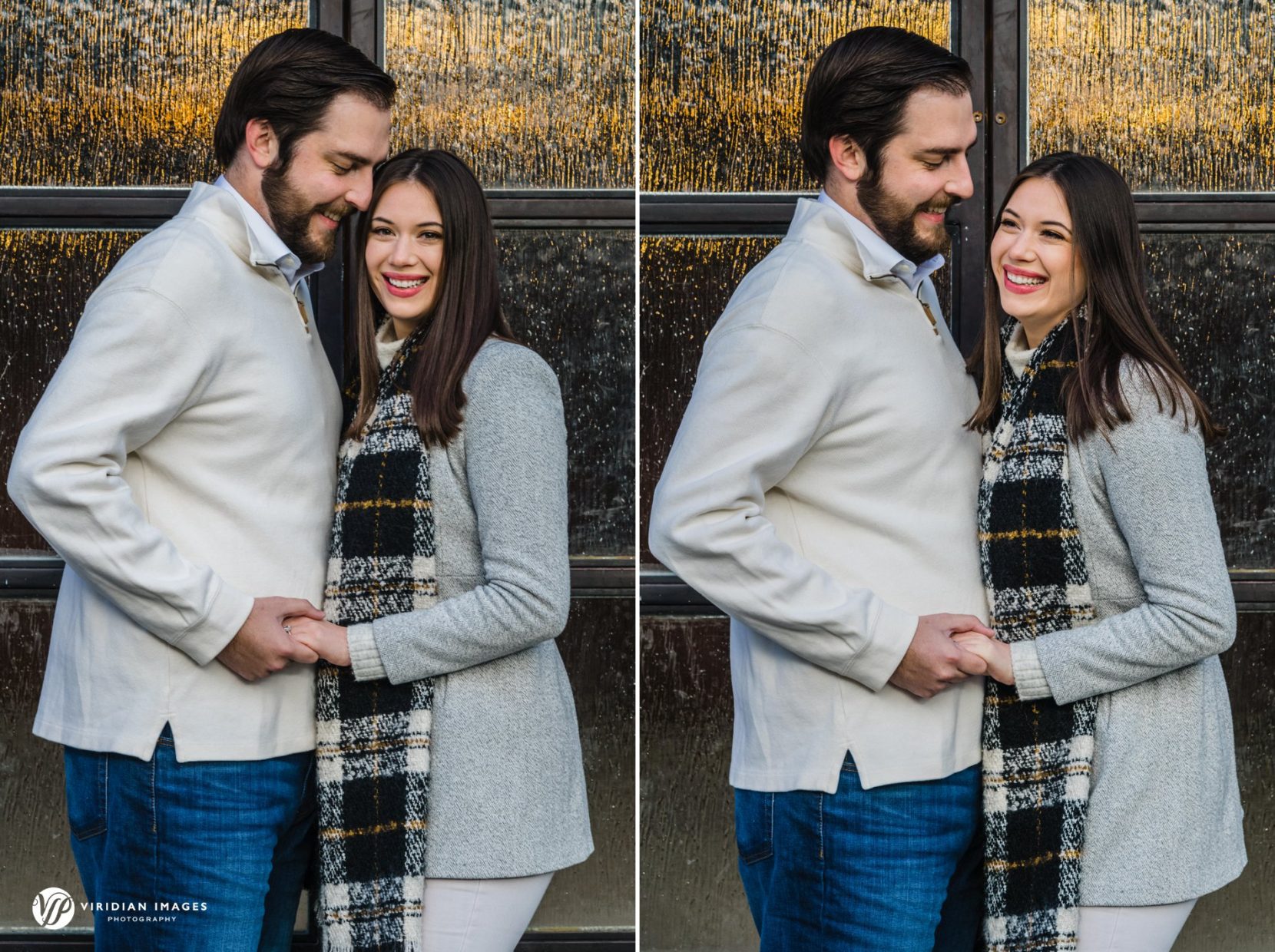 Romantic winter portraits of Kelly and Kyle in front of frosted glass doors at Rocky Lake Estate.